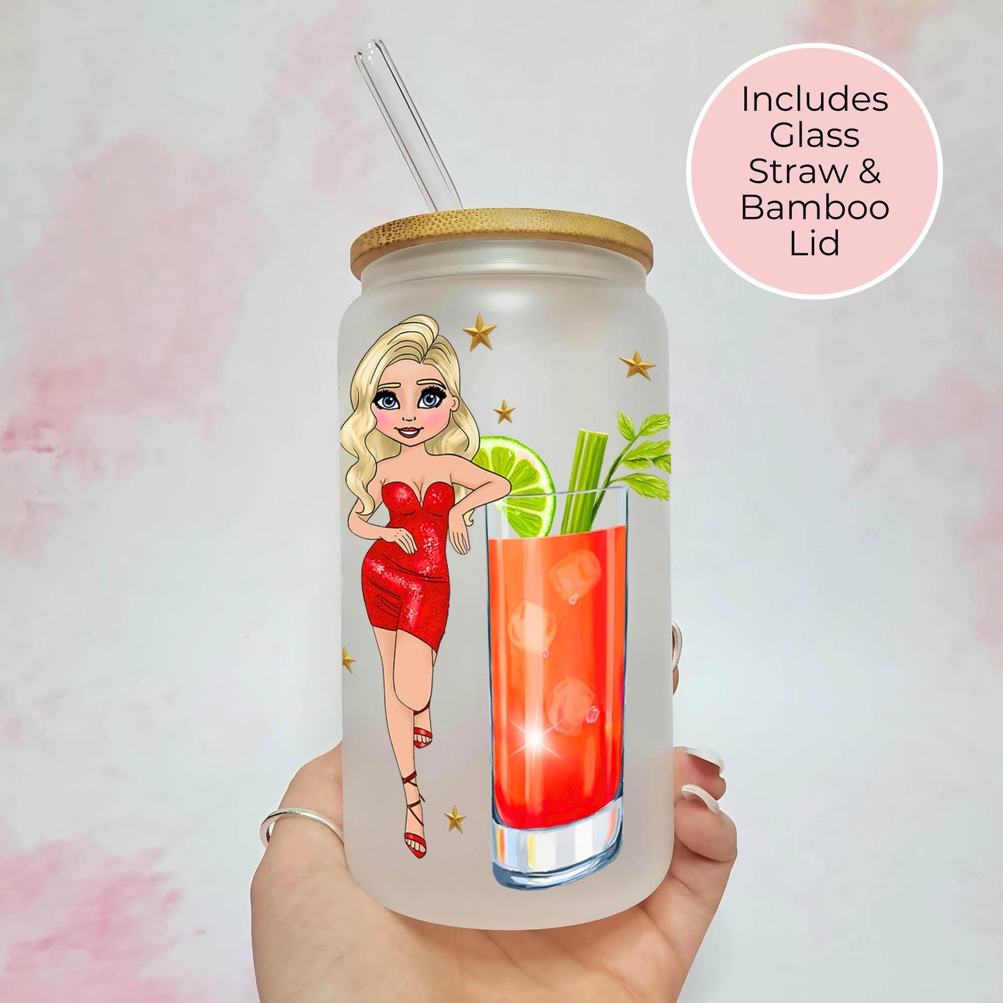 Bloody Mary Custom Character Sublimated Glass Tumbler, Frosted 16oz Tumbler With Bloody Mary Cocktail, Tomato Juice Picnic Cocktail Glass #FL