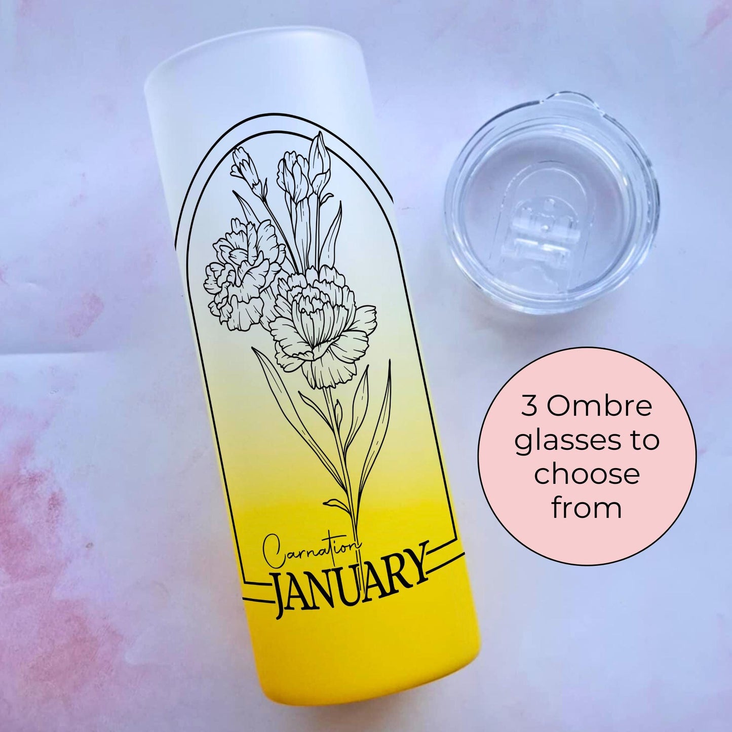 20oz Glass Ombre Tumbler With January Birth Flower Design, Black And White Line Art Carnation Birth Zodiac Flower, Milestone Birthday Gift