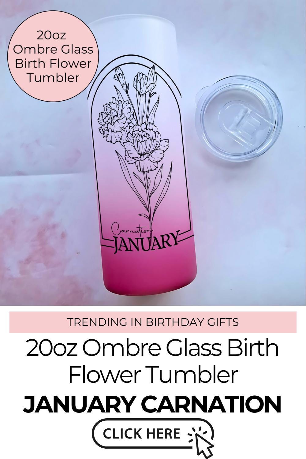 20oz Glass Ombre Tumbler With January Birth Flower Design, Black And White Line Art Carnation Birth Zodiac Flower, Milestone Birthday Gift