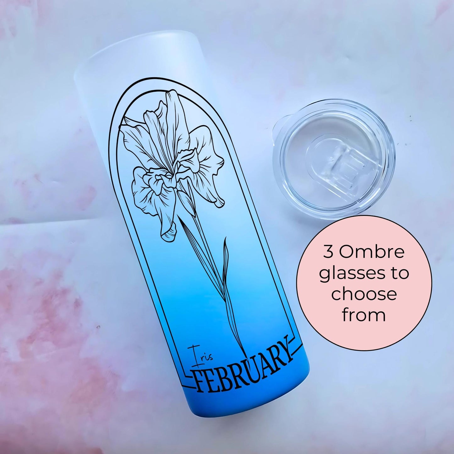 20oz Ombre Glass Tumbler with February Iris Birth Flower, Personalised Floral Gift for Her, Birthday Drinkware for Women, End Of Term Gift