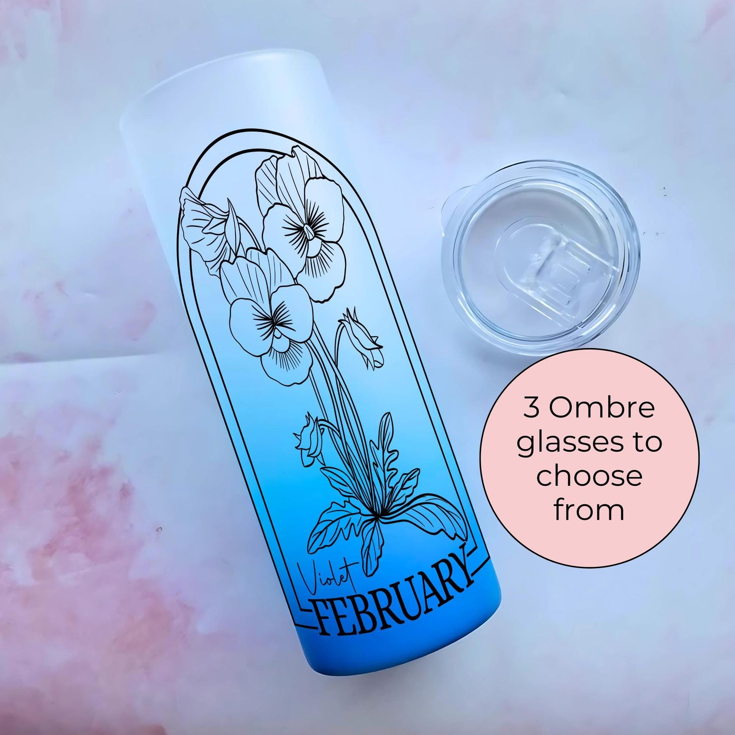 February Birth Flower Gift For Her, 20oz Pink Yellow Blue Ombre Glass Tumbler, Teacher End Of Term Gift, Zodiac Violet Flower Birthday Gift