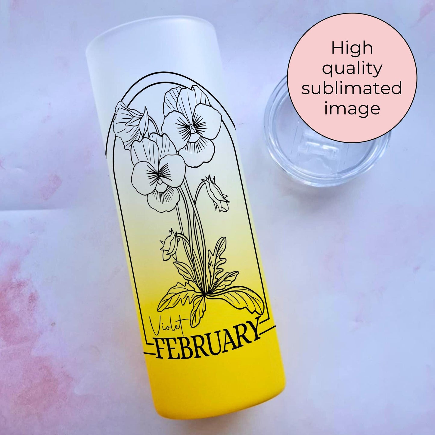 February Birth Flower Gift For Her, 20oz Pink Yellow Blue Ombre Glass Tumbler, Teacher End Of Term Gift, Zodiac Violet Flower Birthday Gift
