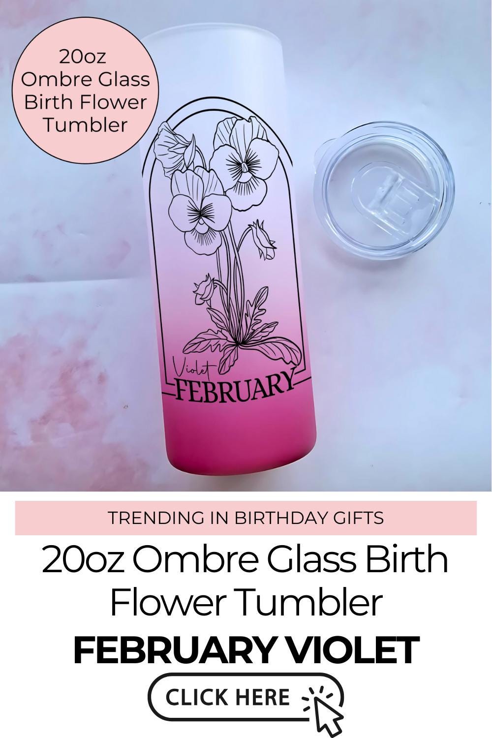 February Birth Flower Gift For Her, 20oz Pink Yellow Blue Ombre Glass Tumbler, Teacher End Of Term Gift, Zodiac Violet Flower Birthday Gift