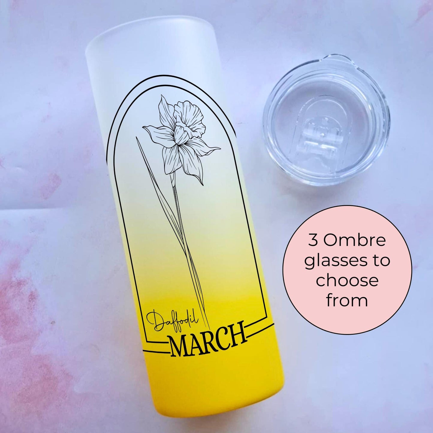 20oz Tempered Glass Ombre Tumbler For Her, Milestone Birthday Gift With March Birth Flower, Daffodil Theme Tumbler Gift Hot Or Cold Drinks