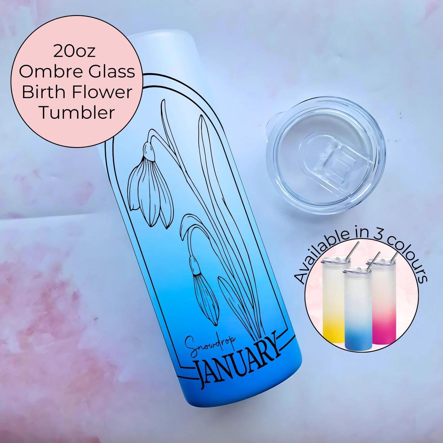 20oz Ombre Glass Tumbler Gift For Her Birthday, January Zodiac Birthday Flower, Snowdrop Line Art Sublimated Tumbler, Teacher Appreciation
