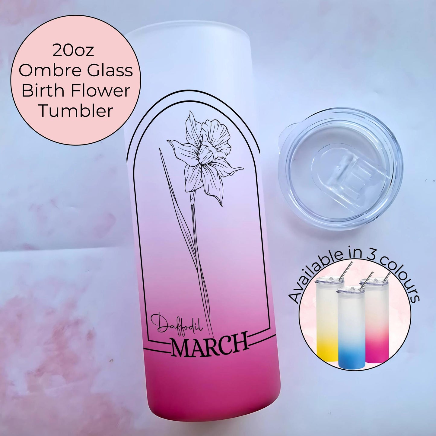 20oz Tempered Glass Ombre Tumbler For Her, Milestone Birthday Gift With March Birth Flower, Daffodil Theme Tumbler Gift Hot Or Cold Drinks