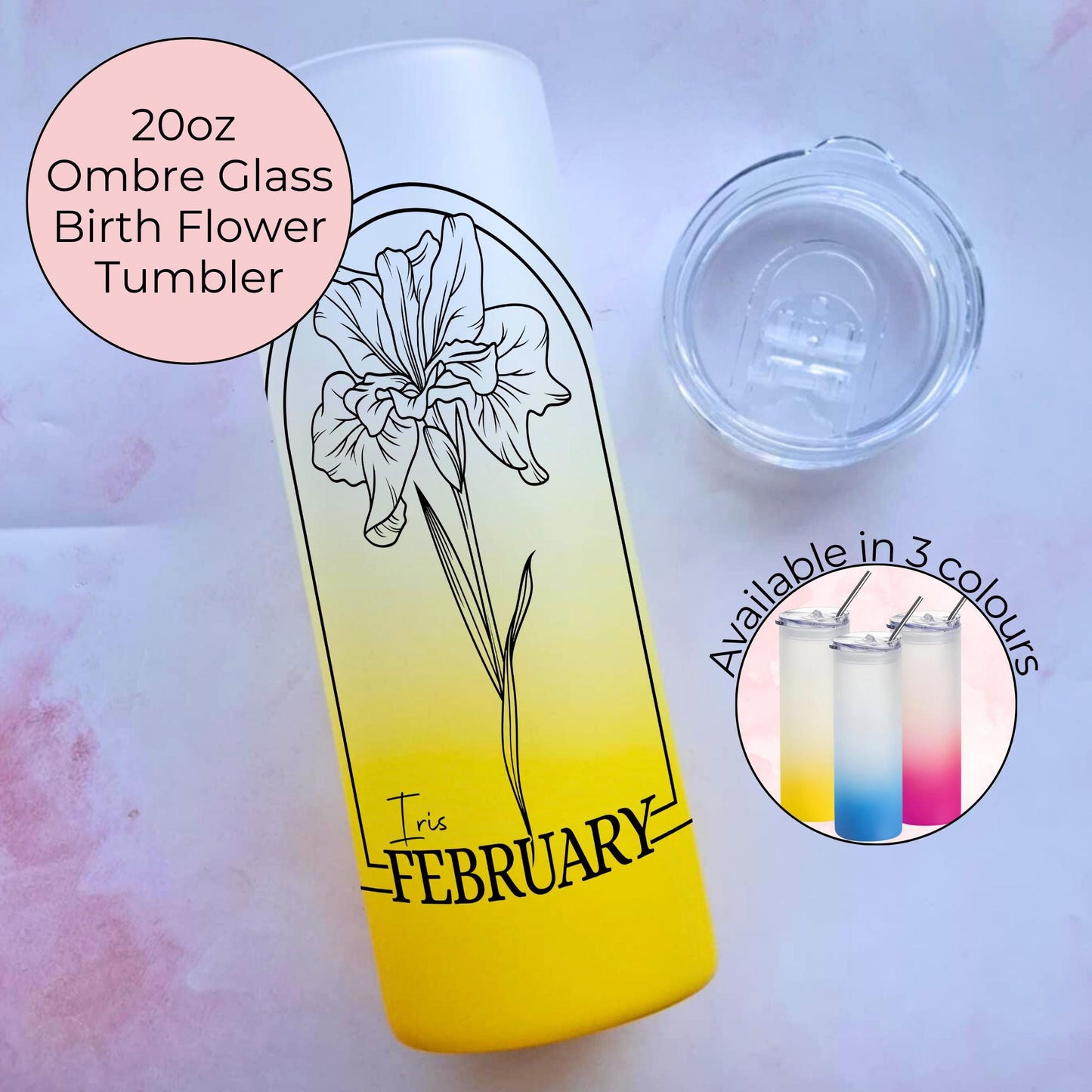20oz Ombre Glass Tumbler with February Iris Birth Flower, Personalised Floral Gift for Her, Birthday Drinkware for Women, End Of Term Gift