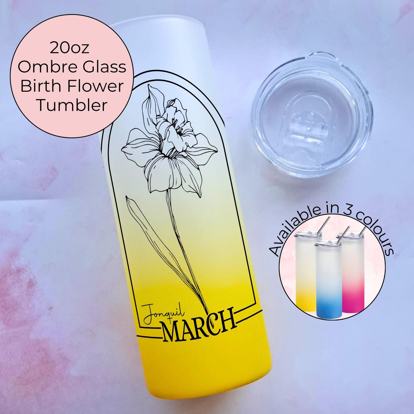 20oz Tempered Glass Ombre Tumbler For Her, Milestone Birthday Gift With March Birth Flower, Jonquil Flower Tumbler Gift Hot Or Cold Drinks