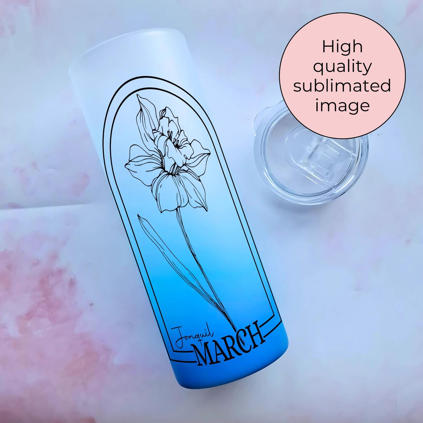 20oz Tempered Glass Ombre Tumbler For Her, Milestone Birthday Gift With March Birth Flower, Jonquil Flower Tumbler Gift Hot Or Cold Drinks