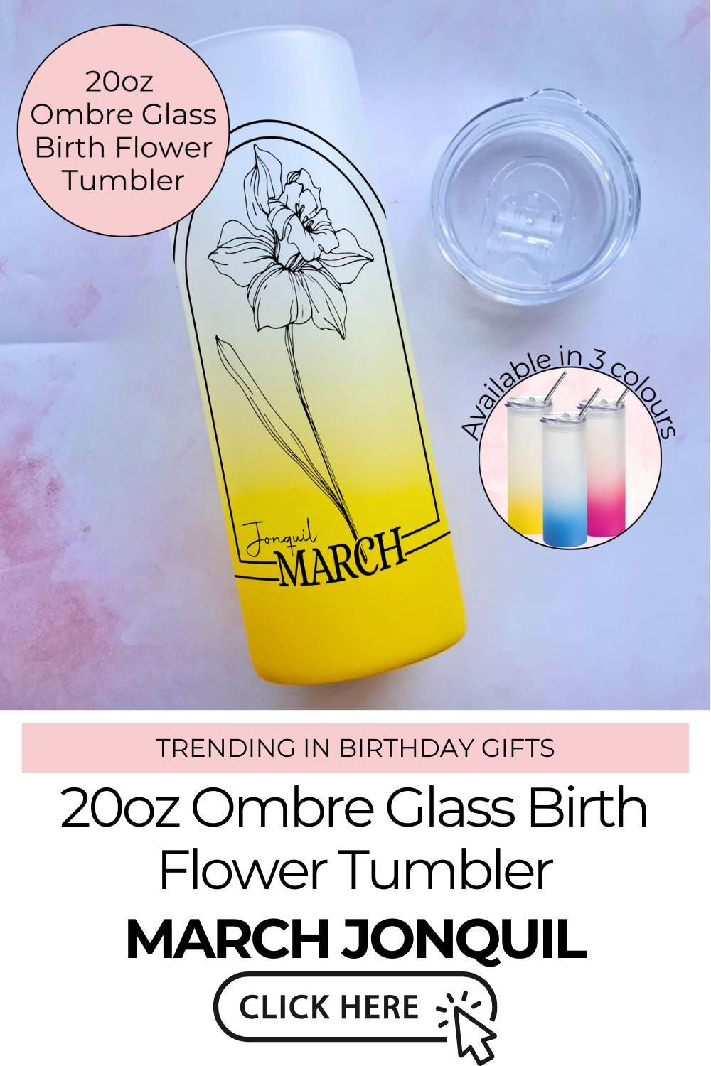 20oz Tempered Glass Ombre Tumbler For Her, Milestone Birthday Gift With March Birth Flower, Jonquil Flower Tumbler Gift Hot Or Cold Drinks