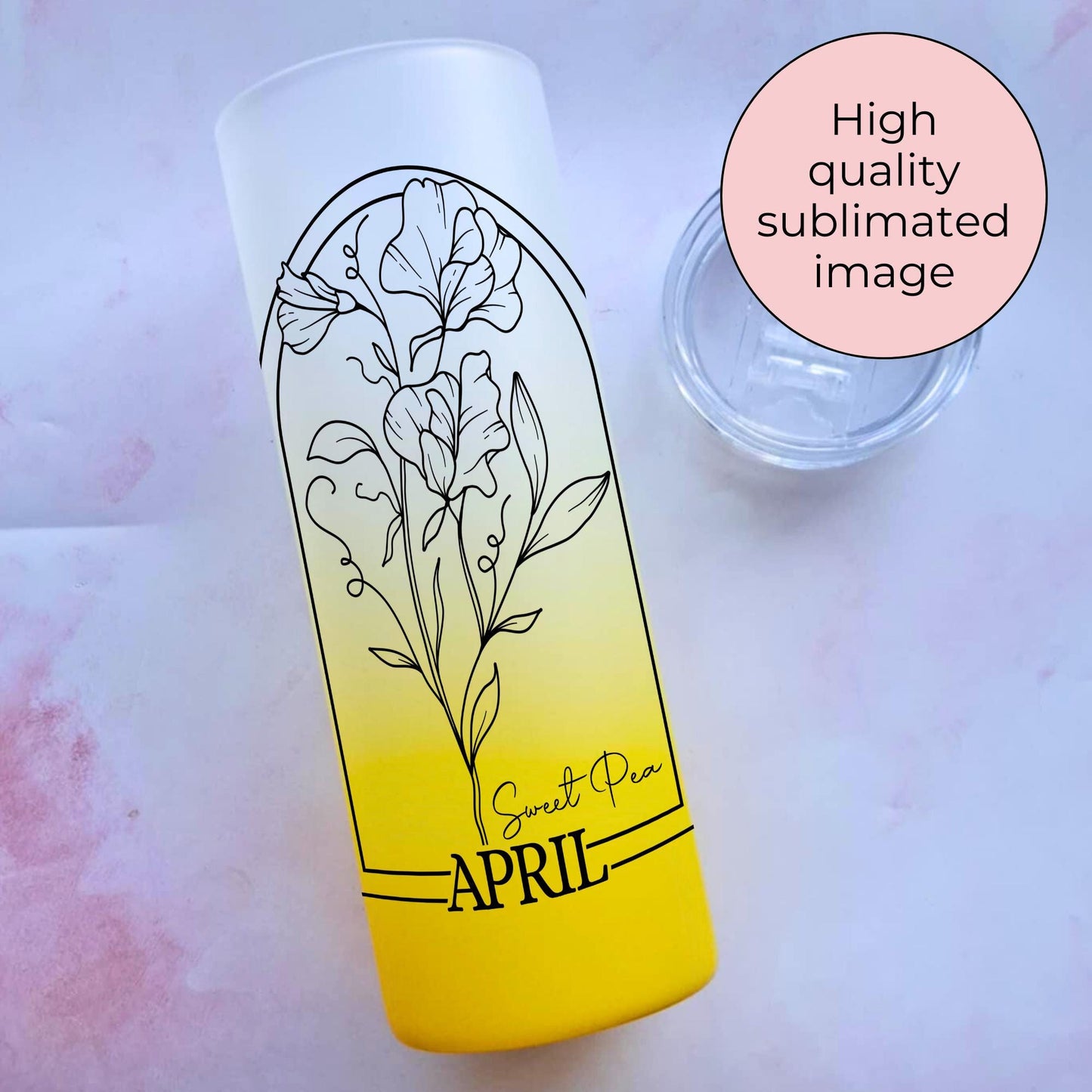 20oz Ombre Tempered Glass Tumbler, April Birth Flower Gift For Her, Bright Pink Blue Yellow Ombre Botanical Birth Flower, Sweet Pea Zodiac