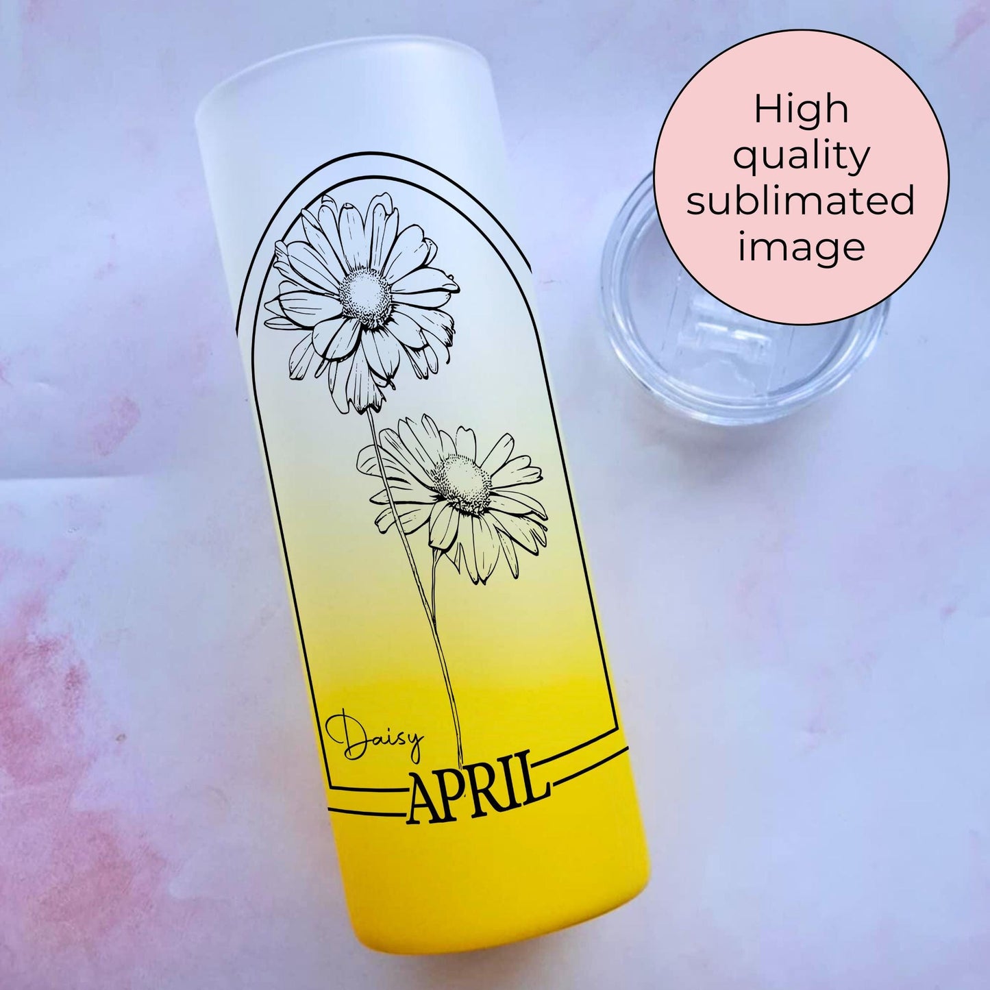20oz Ombre Tempered Glass Tumbler, April Daisy Zodiac Birth Flower Gift For Her, Bright Pink Blue Or Yellow Ombre Botanical Birth Flower