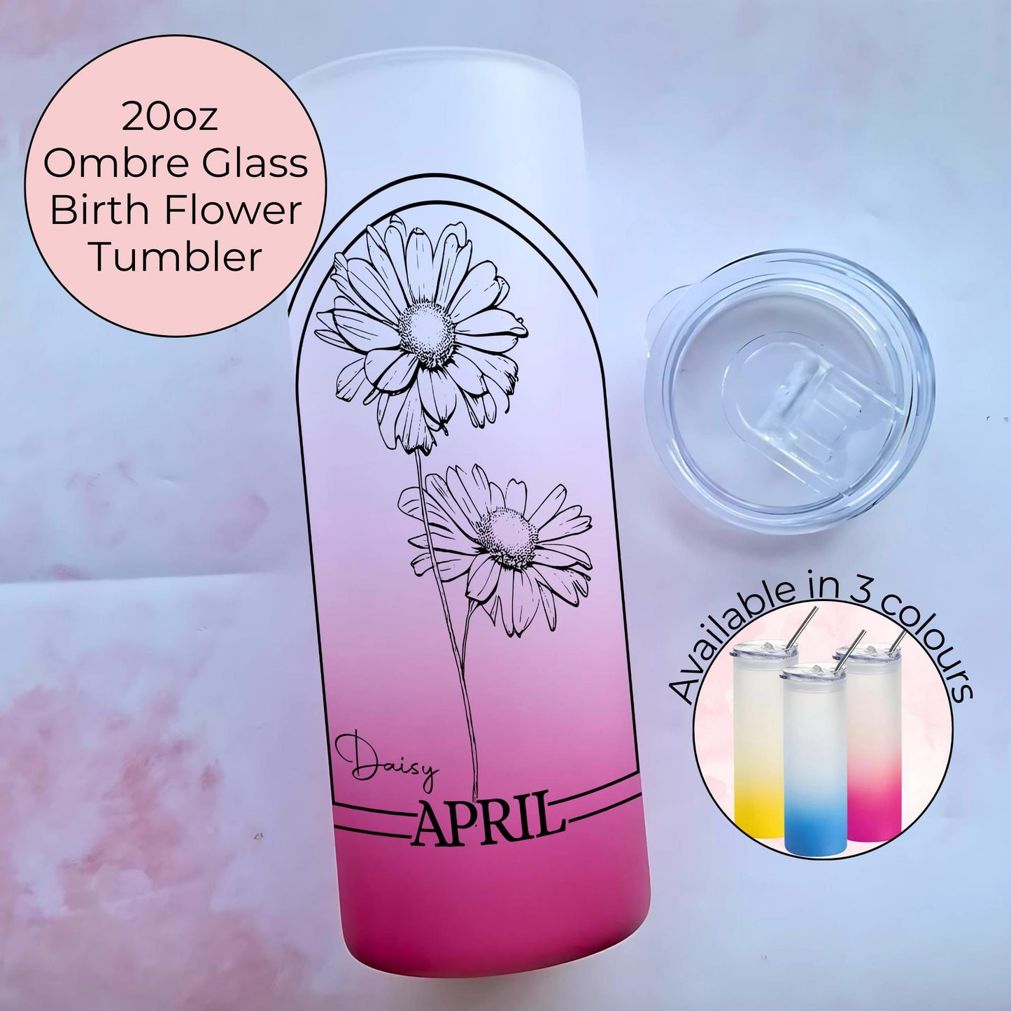 20oz Ombre Tempered Glass Tumbler, April Daisy Zodiac Birth Flower Gift For Her, Bright Pink Blue Or Yellow Ombre Botanical Birth Flower