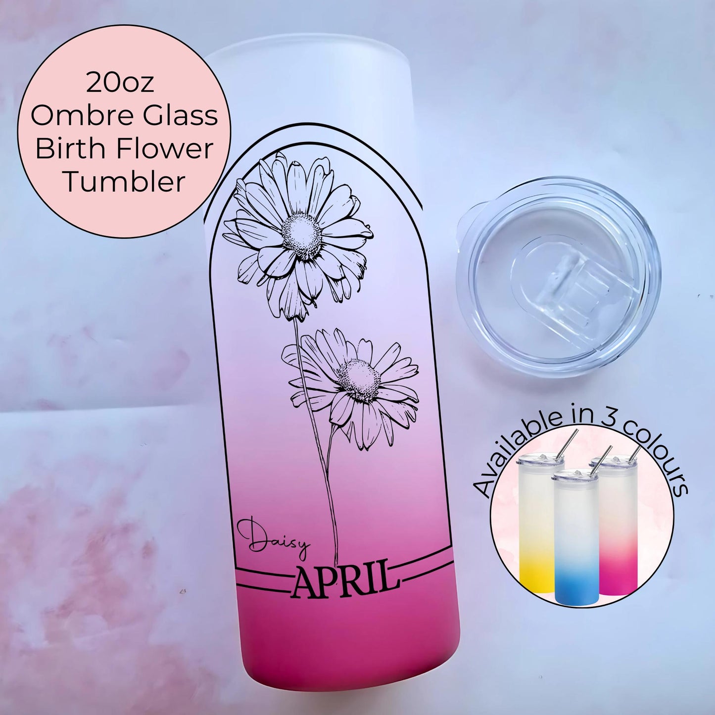 20oz Ombre Tempered Glass Tumbler, April Daisy Zodiac Birth Flower Gift For Her, Bright Pink Blue Or Yellow Ombre Botanical Birth Flower #BF