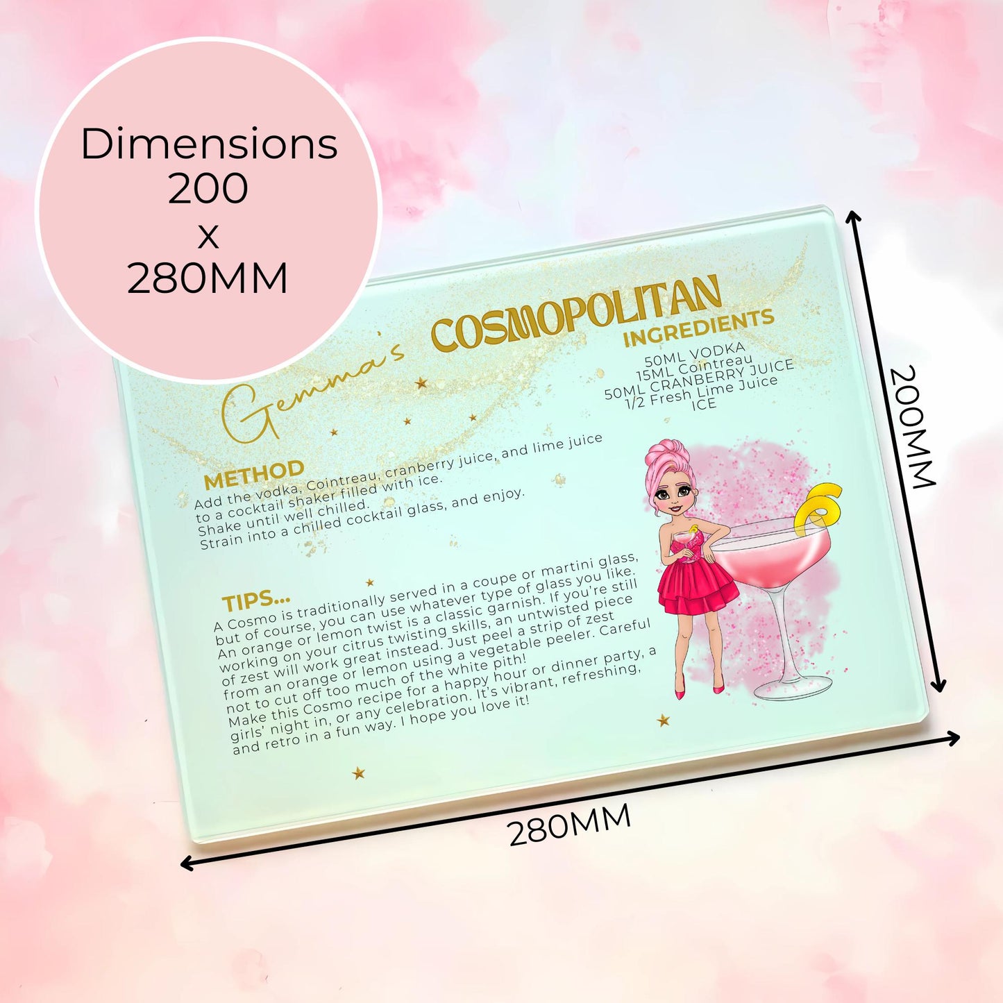 Personalised A4 Cosmopolitan Cocktail Themed Glass Chopping Board, Summer Soiree Cocktail Themed Housewarming Gift, Milestone Birthday Gift #CB1