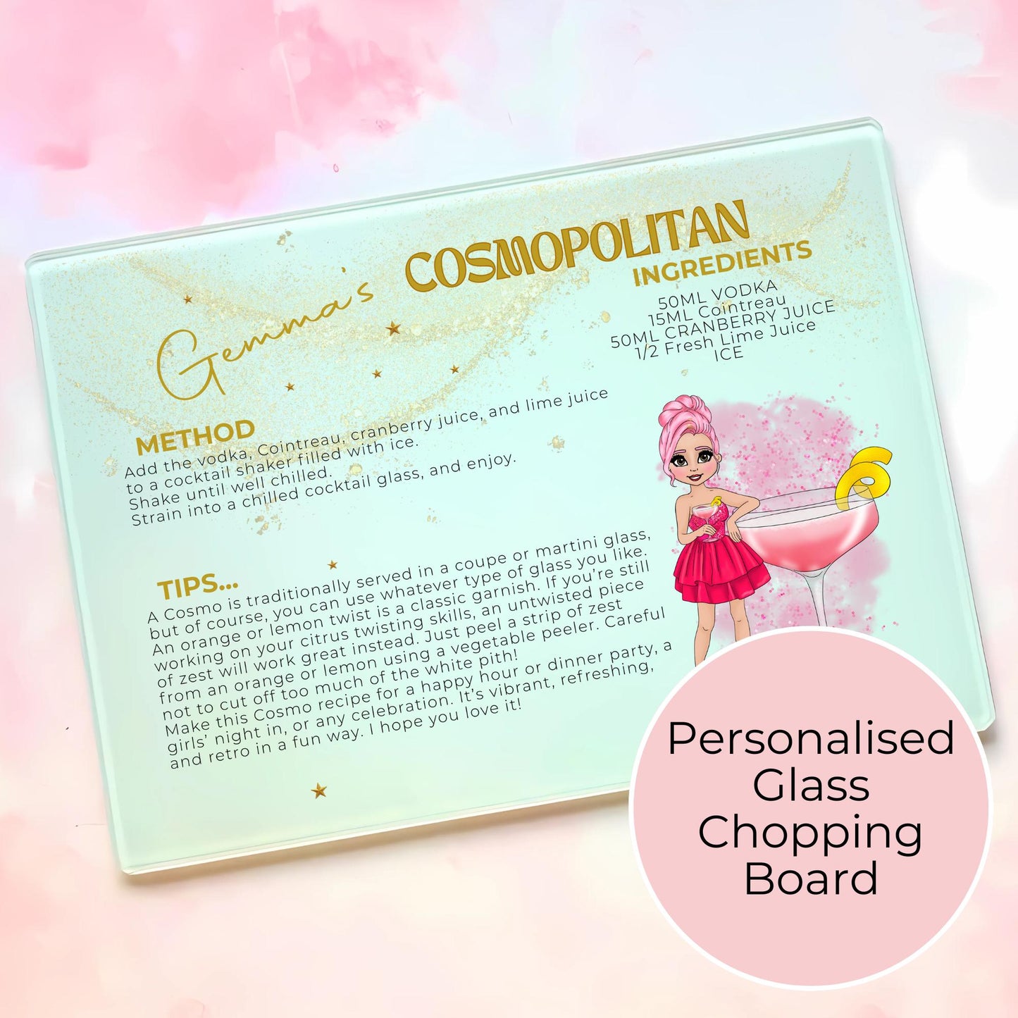 Personalised A4 Cosmopolitan Cocktail Themed Glass Chopping Board, Summer Soiree Cocktail Themed Housewarming Gift, Milestone Birthday Gift #CB1