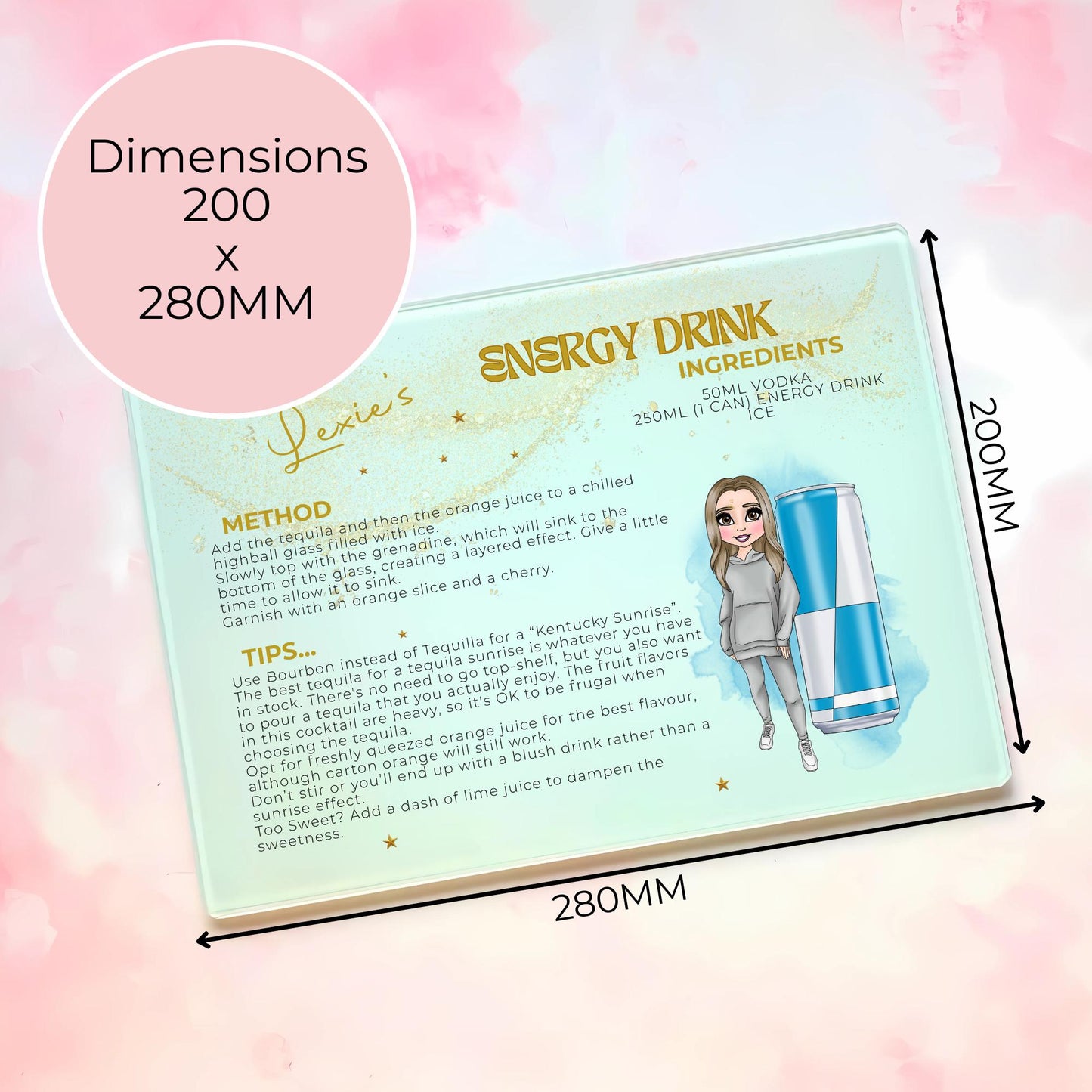 Personalised A4 Energy Drink Cocktail Themed Glass Chopping Board, Girly Soda Cocktail Themed Housewarming Gift, Milestone Birthday Gift #CB1