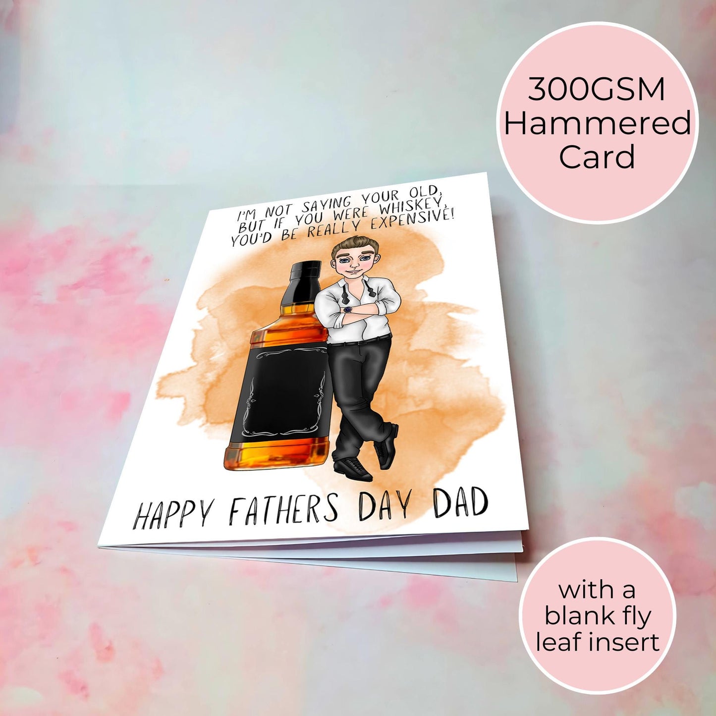 Whiskey Fathers Day Card, Smart Black Tie Shirt Guy, Jack Daniels Inspired Whiskey Bottle Illustration, Card From A Daughter #G2