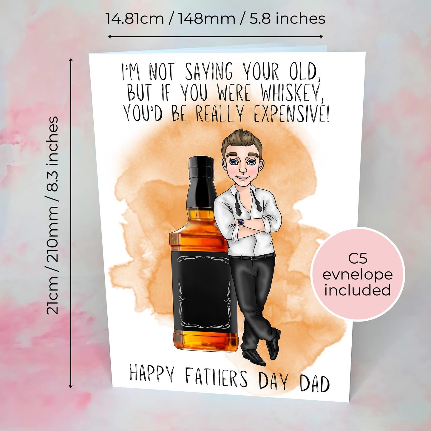 Whiskey Fathers Day Card, Smart Black Tie Shirt Guy, Jack Daniels Inspired Whiskey Bottle Illustration, Card From A Daughter #G2