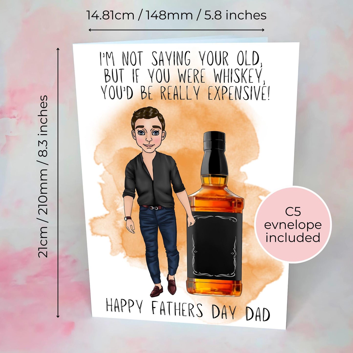 Whiskey Fathers Day Card, Smart Casual Jeans And Shirt, Jack Daniels Inspired Whiskey Bottle Illustration, Card From A Daughter #G2