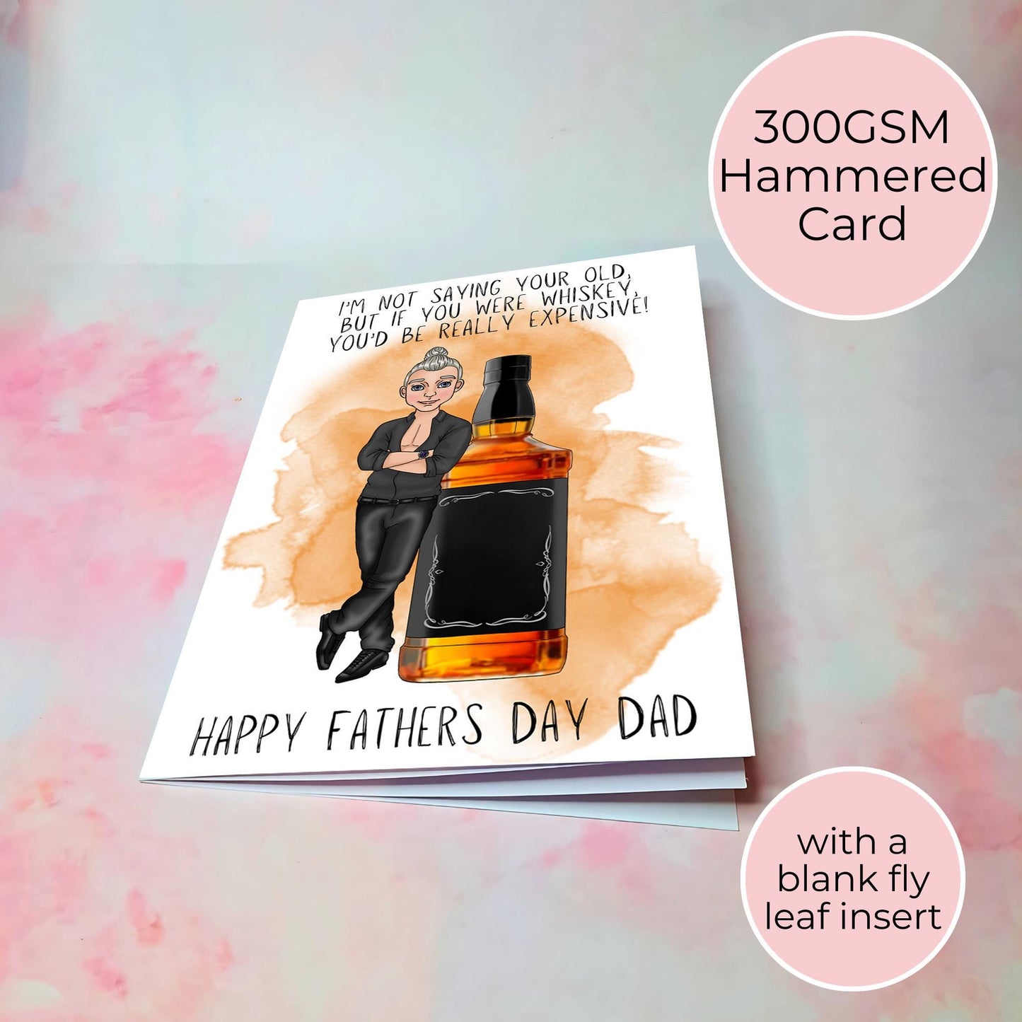 Whiskey Fathers Day Card, Smart Dress Shirt No Tie Guy, Jack Daniels Inspired Whiskey Bottle Illustration, Card From A Daughter #G2