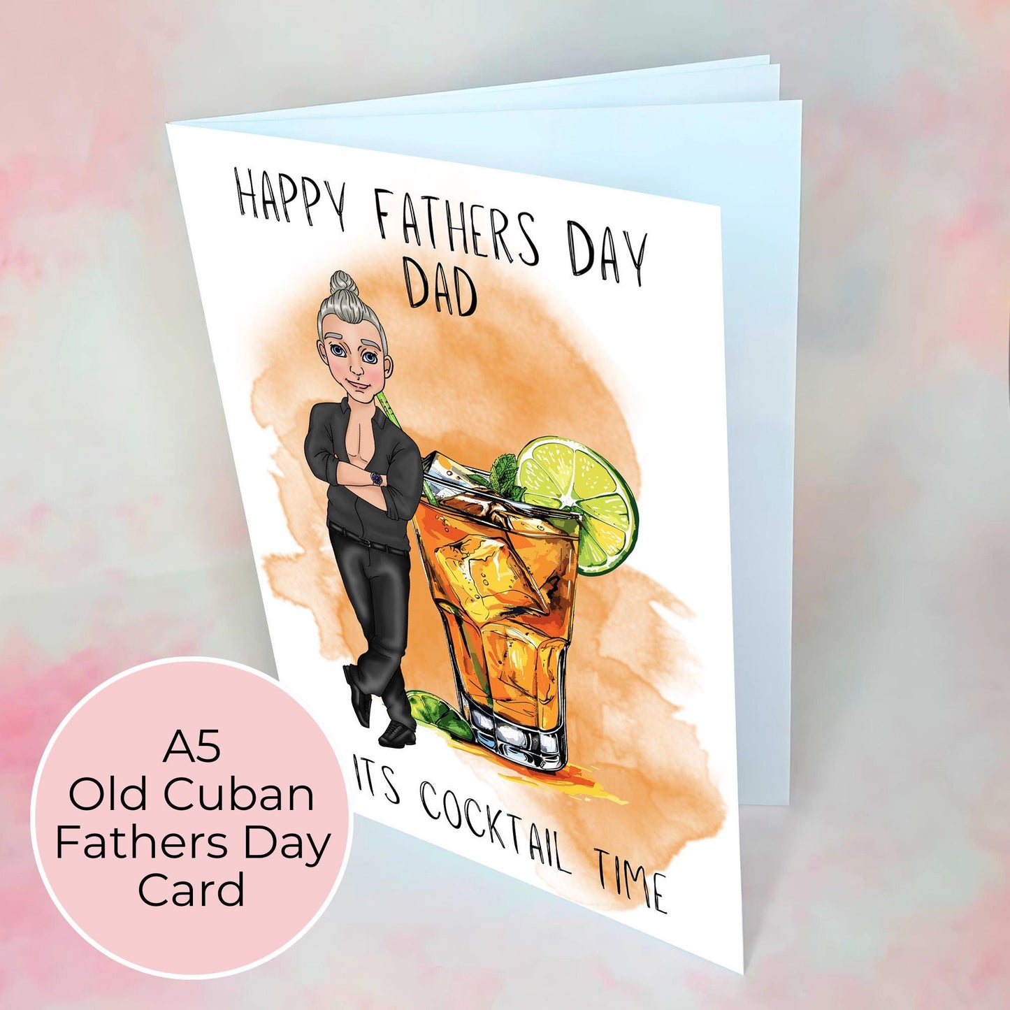 Old Cuban Cocktail Themed Fathers Day Card, Smart Dress Shirt No Tie Guy, Rum Cocktail Illustrated Dads Greeting Card For Him #G2