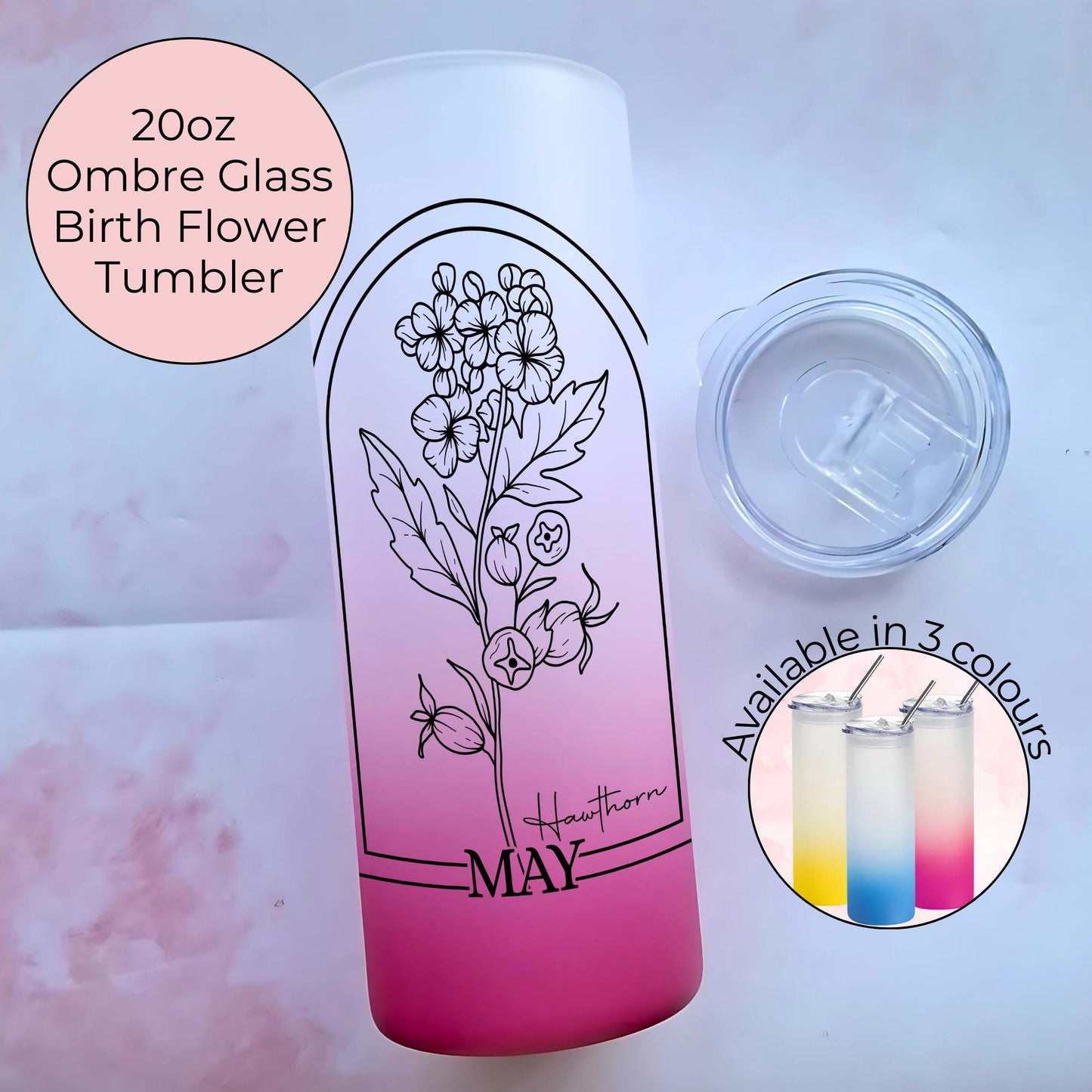 20oz Ombre Glass Tumbler, May Birth flower Line Art Floral Tumbler, Teacher End Of Term Appreciation Gift, Hawthorn Monochrome Line Art