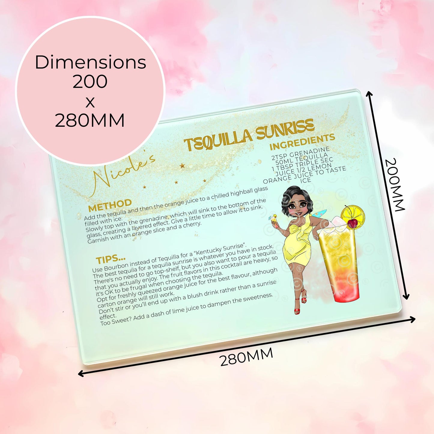 Tequila Sunrise Personalized A3 A4-Sized Glass Chopping Board, Tropical Cocktail Recipe Gift, 18th Birthday, Housewarming Summer Soiree Gift #GB