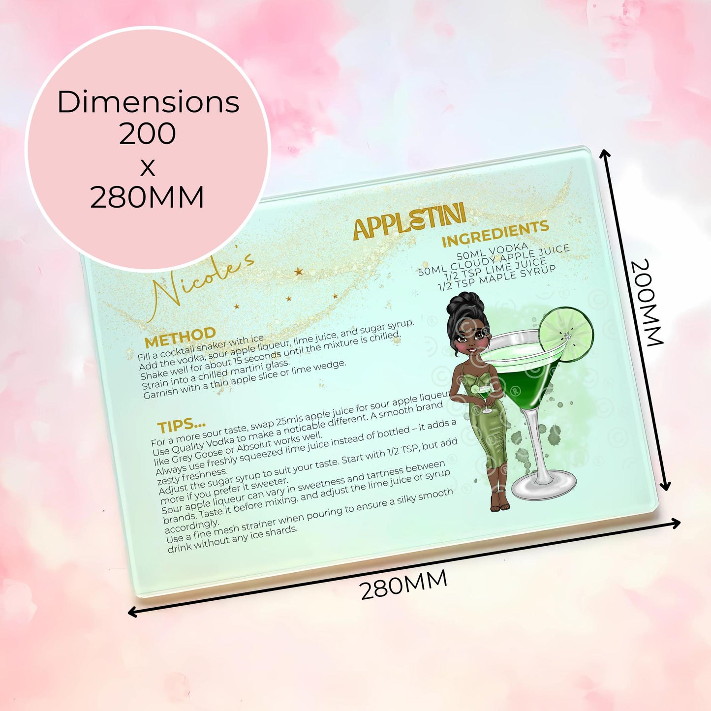 Appletini Personalized Cocktail Themed A3 A4-Sized Glass Chopping Board, Personalised Milestone Birthday Housewarming Gift, Cocktail Inspired #GB