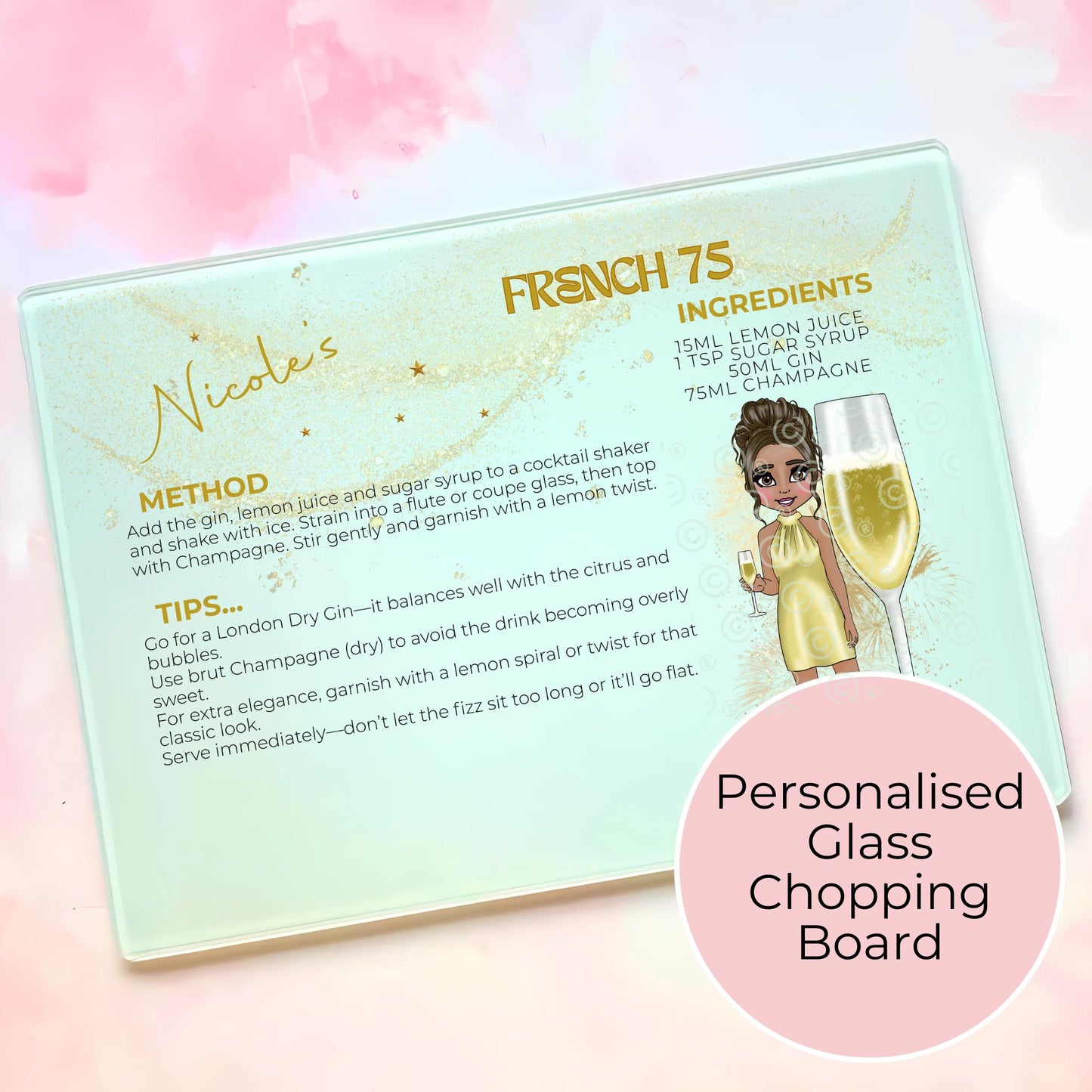 French 75 Custom Personalised A3 A4 Glass Chopping Board, Champagne Cocktail Recipe Method And Tips, Custom Cocktail Character Themed Cutting Board #GB