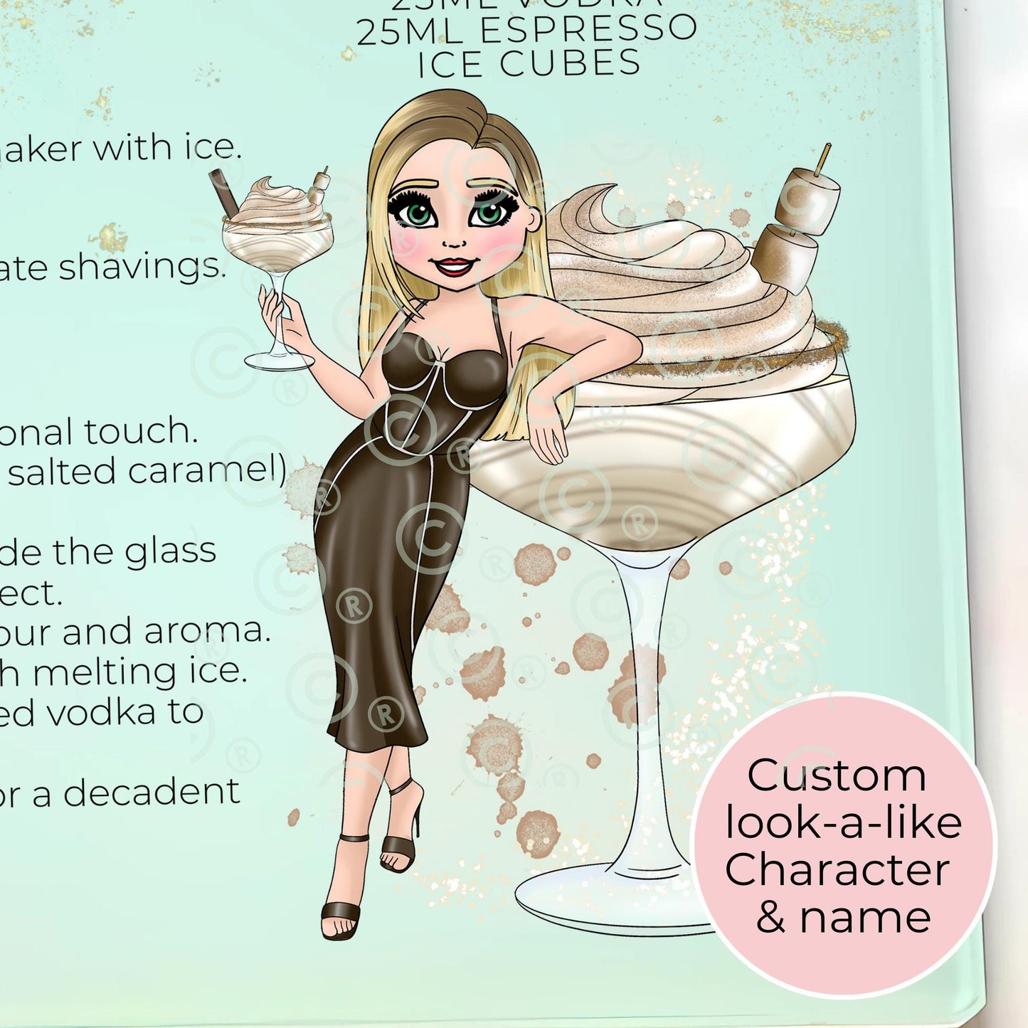 Baileys Martini Cocktail A3 A4 Glass Chopping Board, Personalised Christmas Gift With Custom Character Recipe Gift for Her Festive Cocktail Kitchen Décor #CG #GB