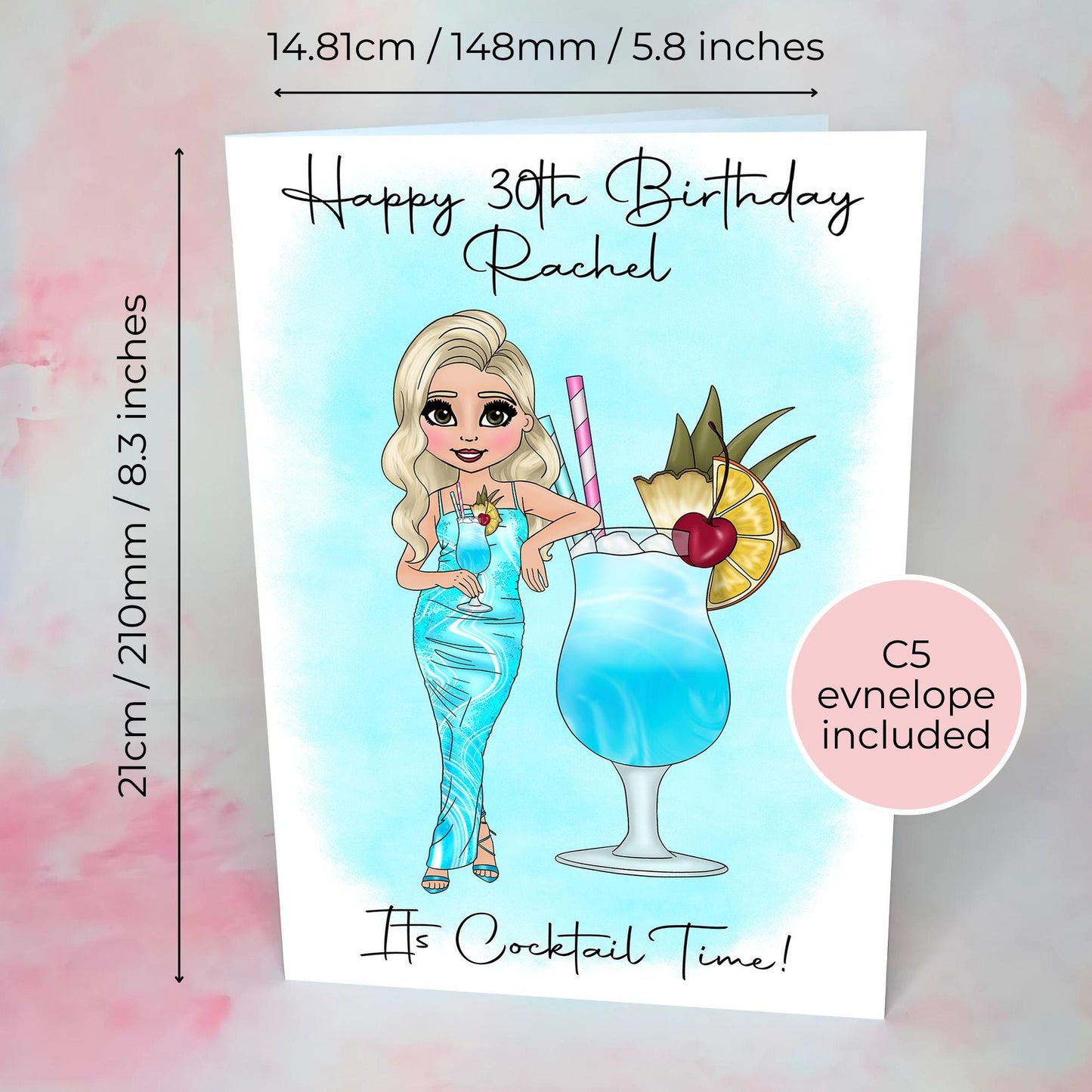 Blue Lagoon Cocktail Birthday Card A5, Custom Hammered Card for Her Milestone Birthday Card Woman, Cocktail Party Greeting Card #G1