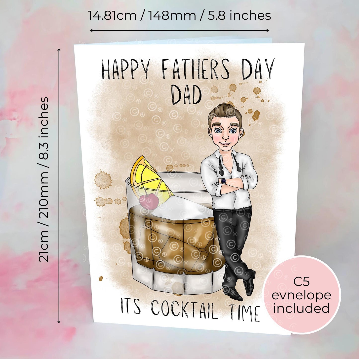 Old Fashioned Cocktail Theme A5 Personalised Father's Day Card for Dad or Grandad, Smart Black Tie Character Illustrated Gift for Him #G2