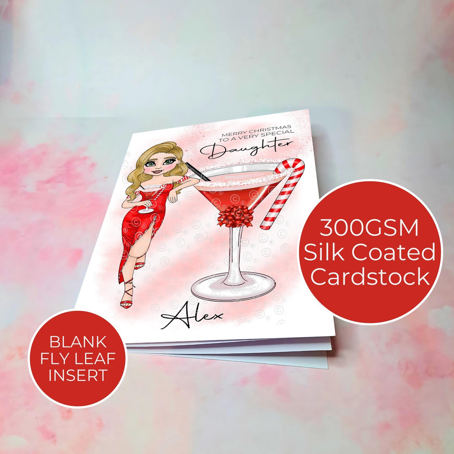 Personalised Daughter Candy Cane Cocktail Themed Christmas Card, A5 Greeting Card To A Special Daughter, Custom Character Christmas Card #CC