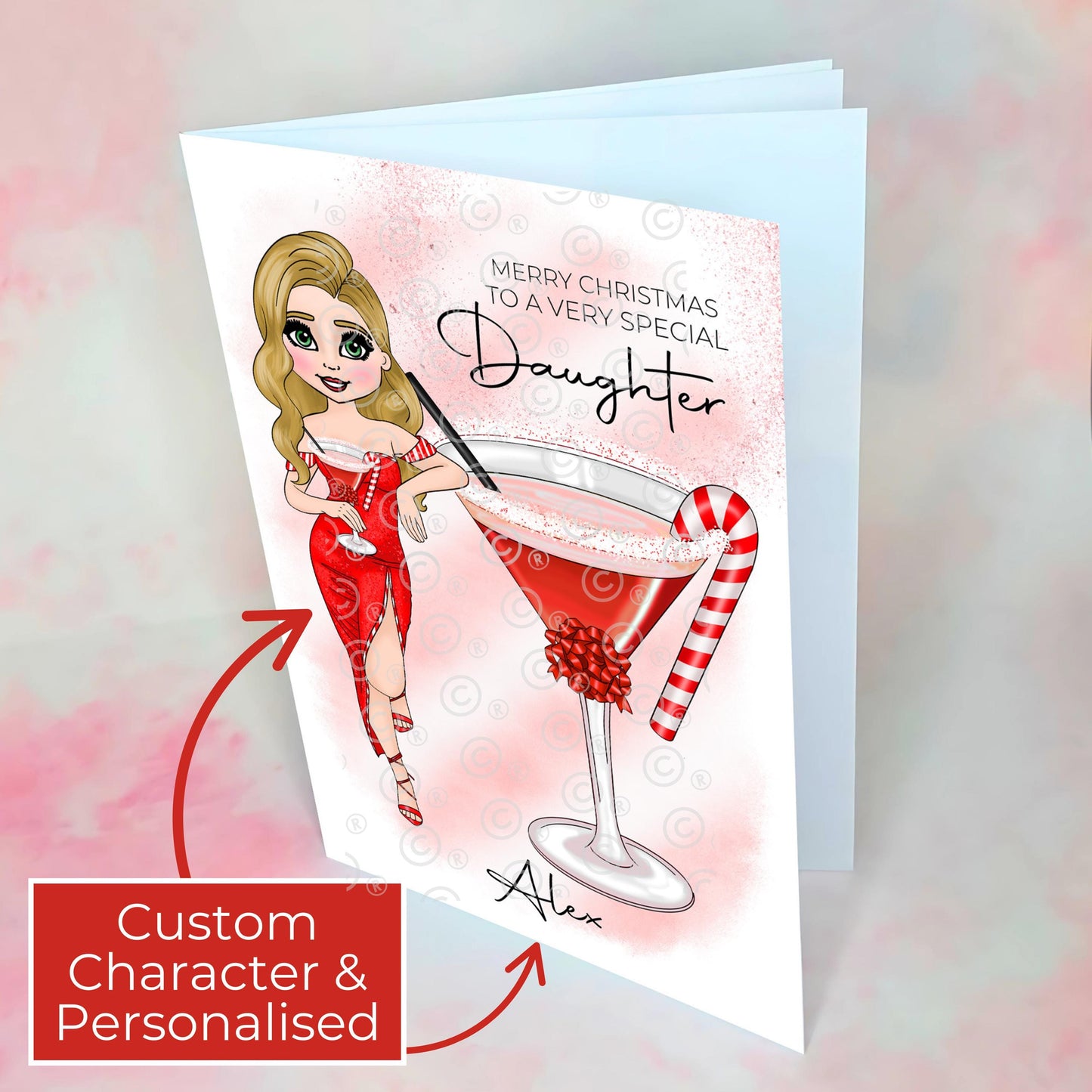 Personalised Daughter Candy Cane Cocktail Themed Christmas Card, A5 Greeting Card To A Special Daughter, Custom Character Christmas Card #CC