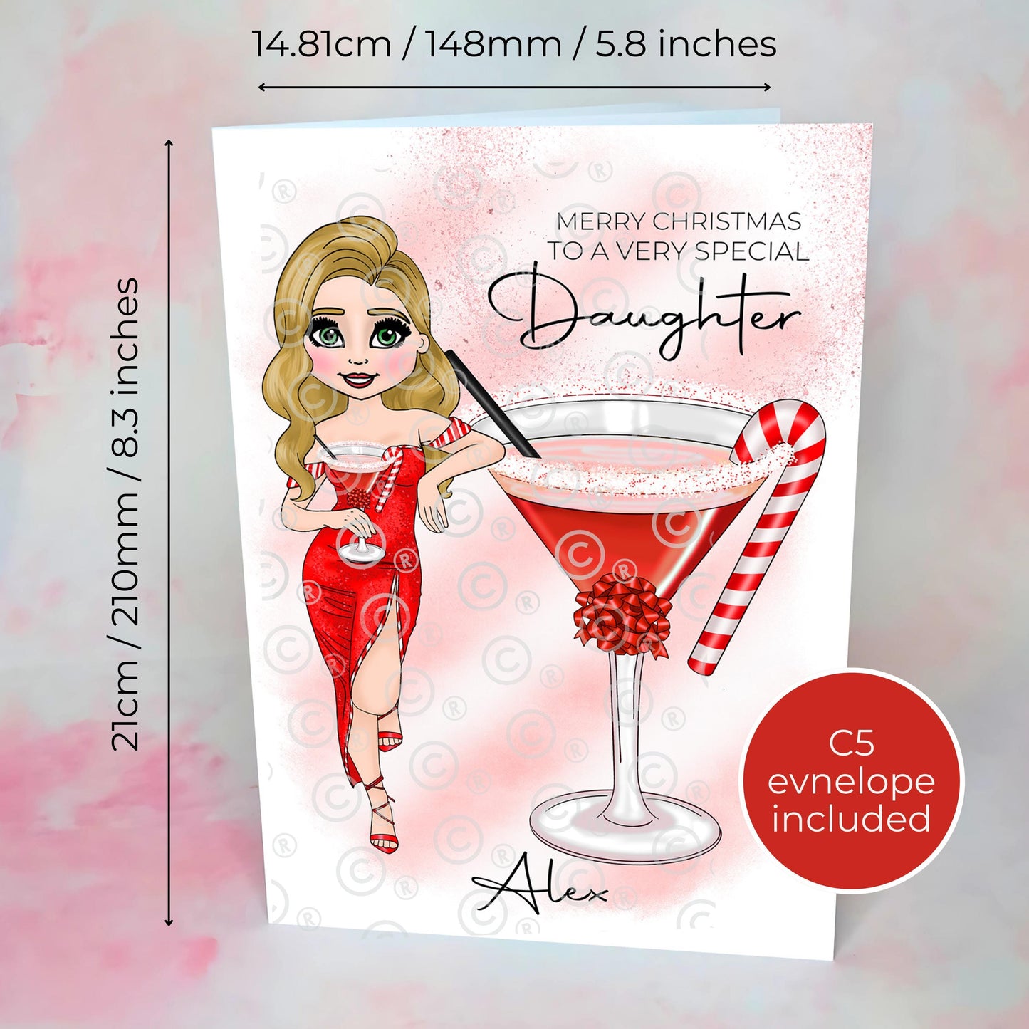 Personalised Daughter Candy Cane Cocktail Themed Christmas Card, A5 Greeting Card To A Special Daughter, Custom Character Christmas Card #CC