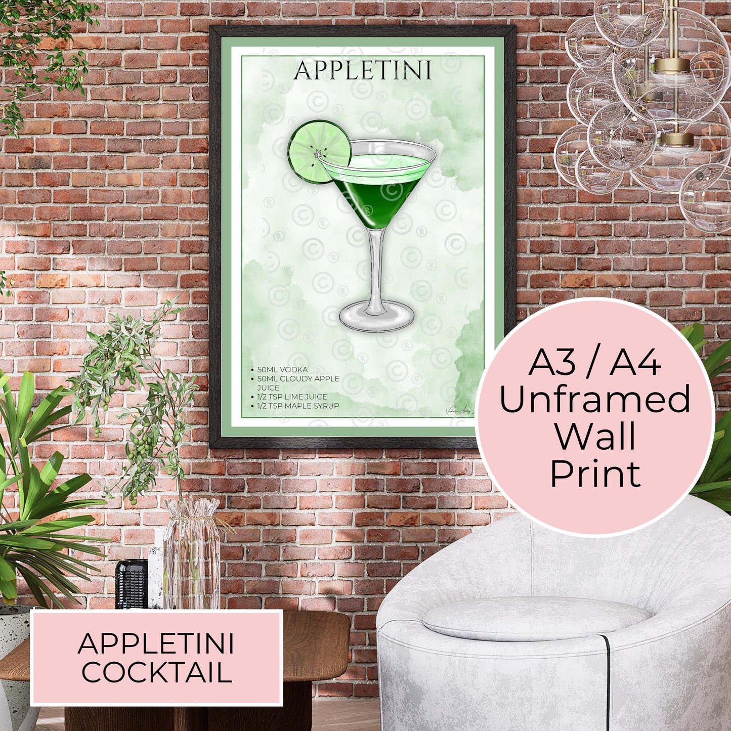 Appletini Cocktail Recipe Wall Art Print, A3 A4 Unframed Poster for Home Bar, Kitchen Cocktail Lounge Décor, Minimalistic Wall Art For Her #WA
