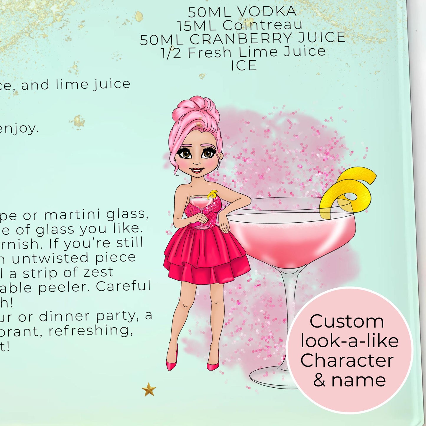 Personalised A4 Cosmopolitan Cocktail Themed Glass Chopping Board, Summer Soiree Cocktail Themed Housewarming Gift, Milestone Birthday Gift #CB1