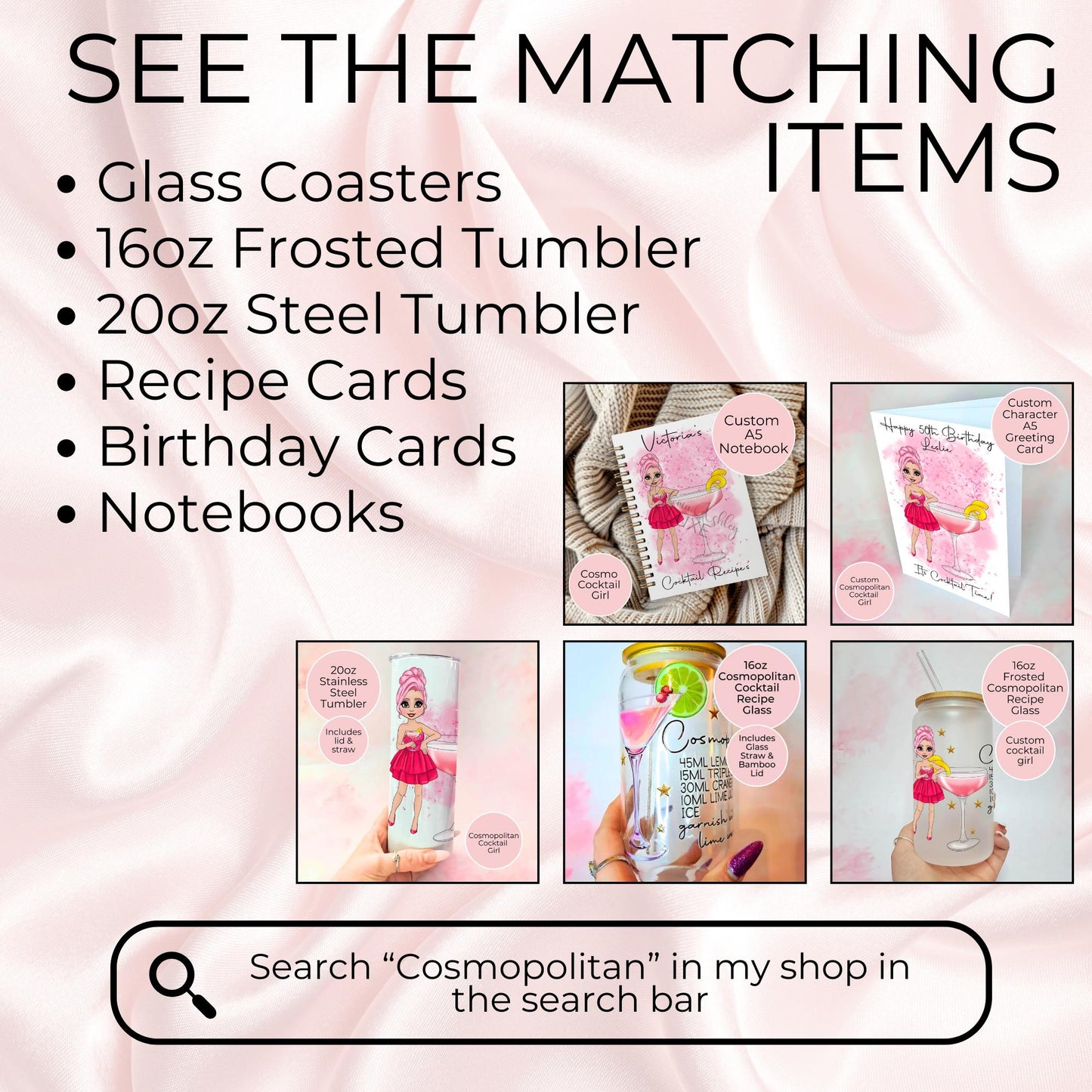 Personalised A4 Cosmopolitan Cocktail Themed Glass Chopping Board, Summer Soiree Cocktail Themed Housewarming Gift, Milestone Birthday Gift #CB1