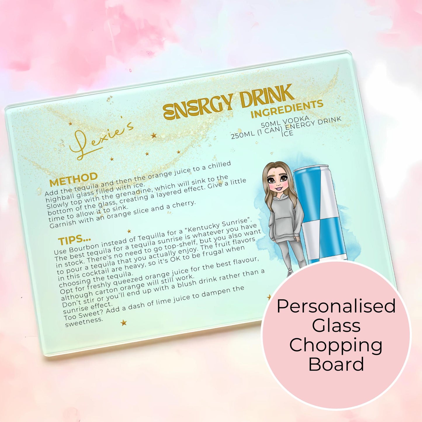Personalised A4 Energy Drink Cocktail Themed Glass Chopping Board, Girly Soda Cocktail Themed Housewarming Gift, Milestone Birthday Gift #CB1