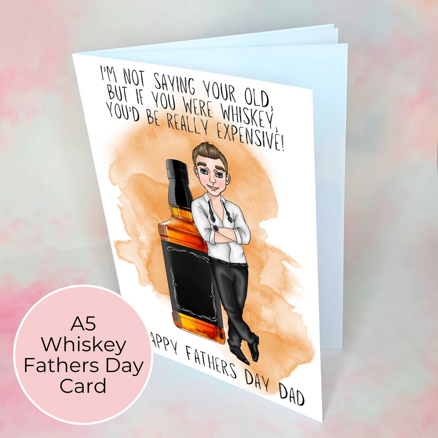 Whiskey Fathers Day Card, Smart Black Tie Shirt Guy, Jack Daniels Inspired Whiskey Bottle Illustration, Card From A Daughter #G2