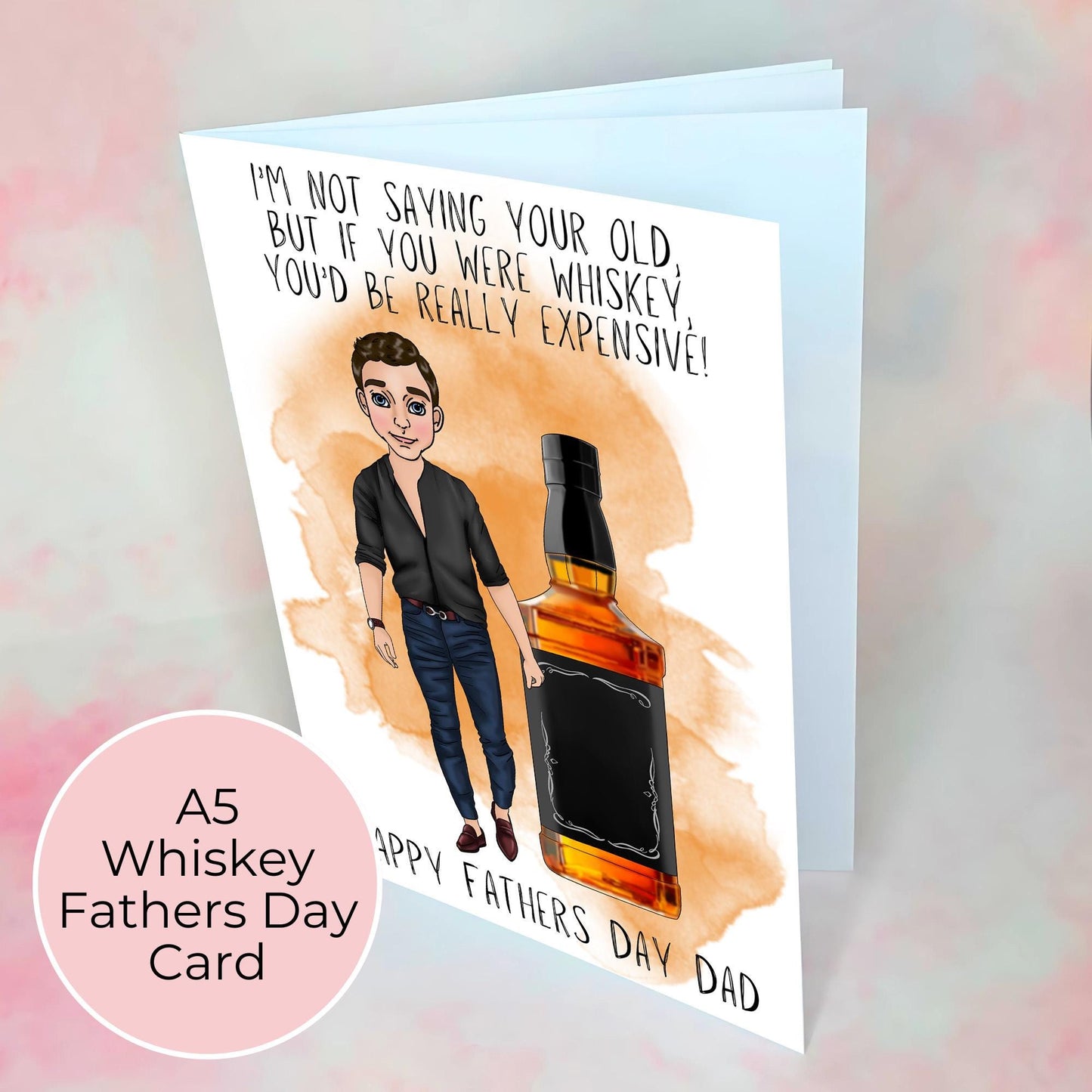 Whiskey Fathers Day Card, Smart Casual Jeans And Shirt, Jack Daniels Inspired Whiskey Bottle Illustration, Card From A Daughter #G2