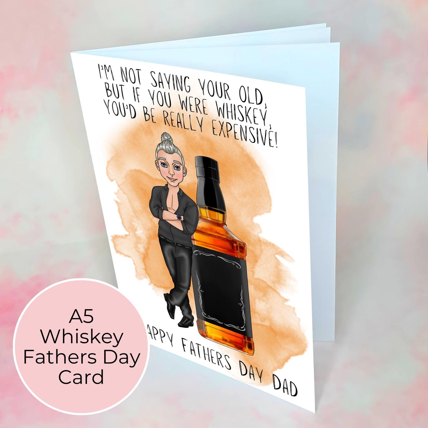Whiskey Fathers Day Card, Smart Dress Shirt No Tie Guy, Jack Daniels Inspired Whiskey Bottle Illustration, Card From A Daughter #G2