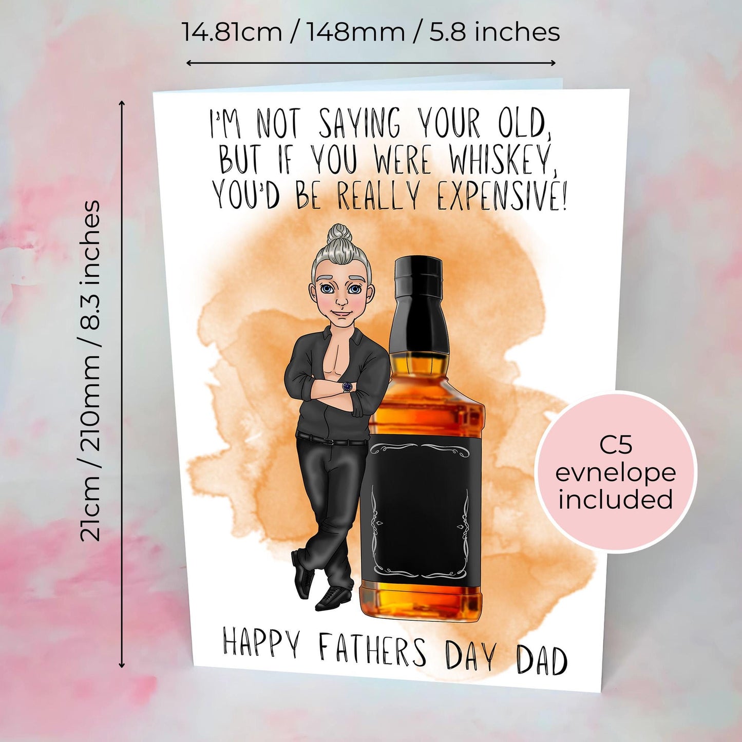 Whiskey Fathers Day Card, Smart Dress Shirt No Tie Guy, Jack Daniels Inspired Whiskey Bottle Illustration, Card From A Daughter #G2