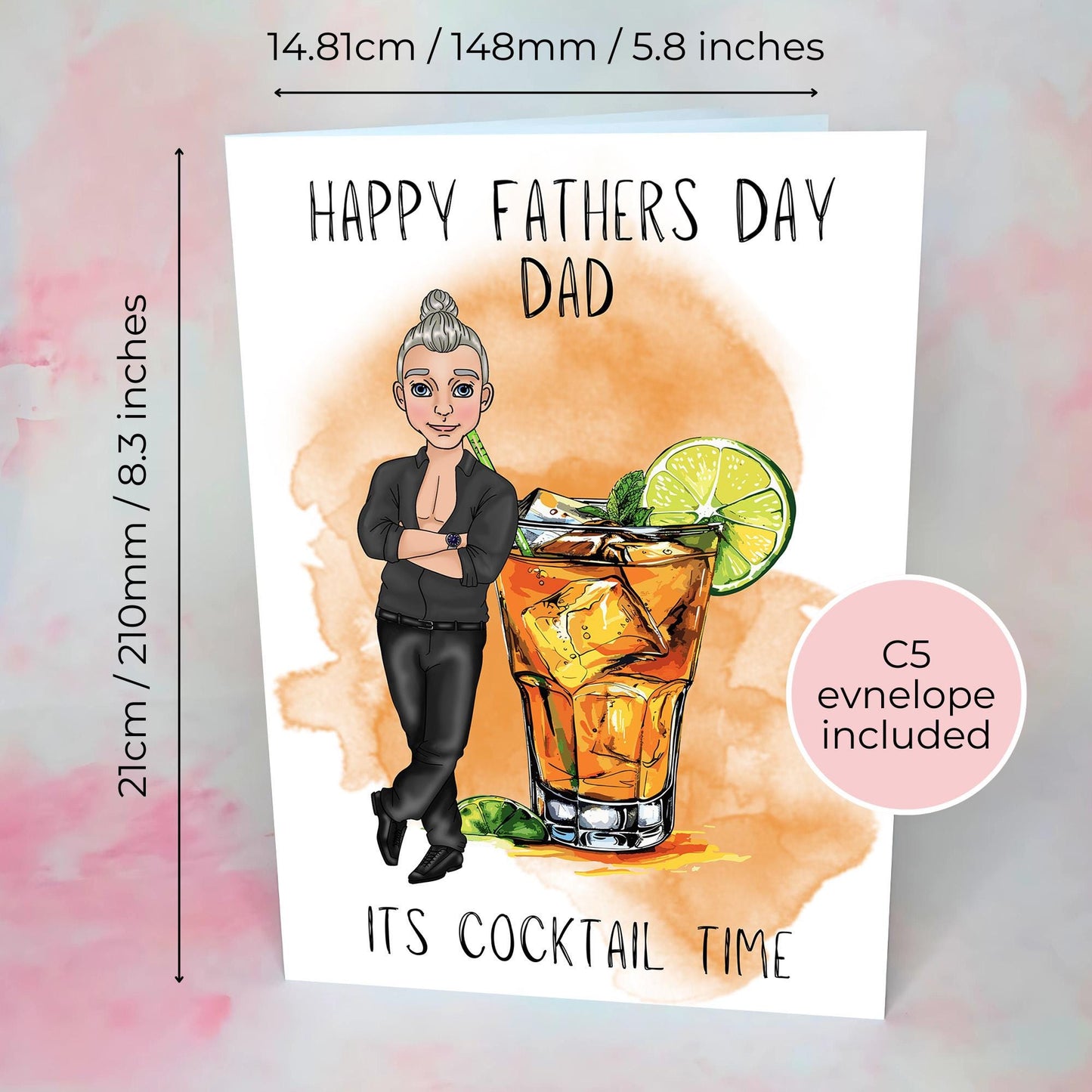 Old Cuban Cocktail Themed Fathers Day Card, Smart Dress Shirt No Tie Guy, Rum Cocktail Illustrated Dads Greeting Card For Him #G2