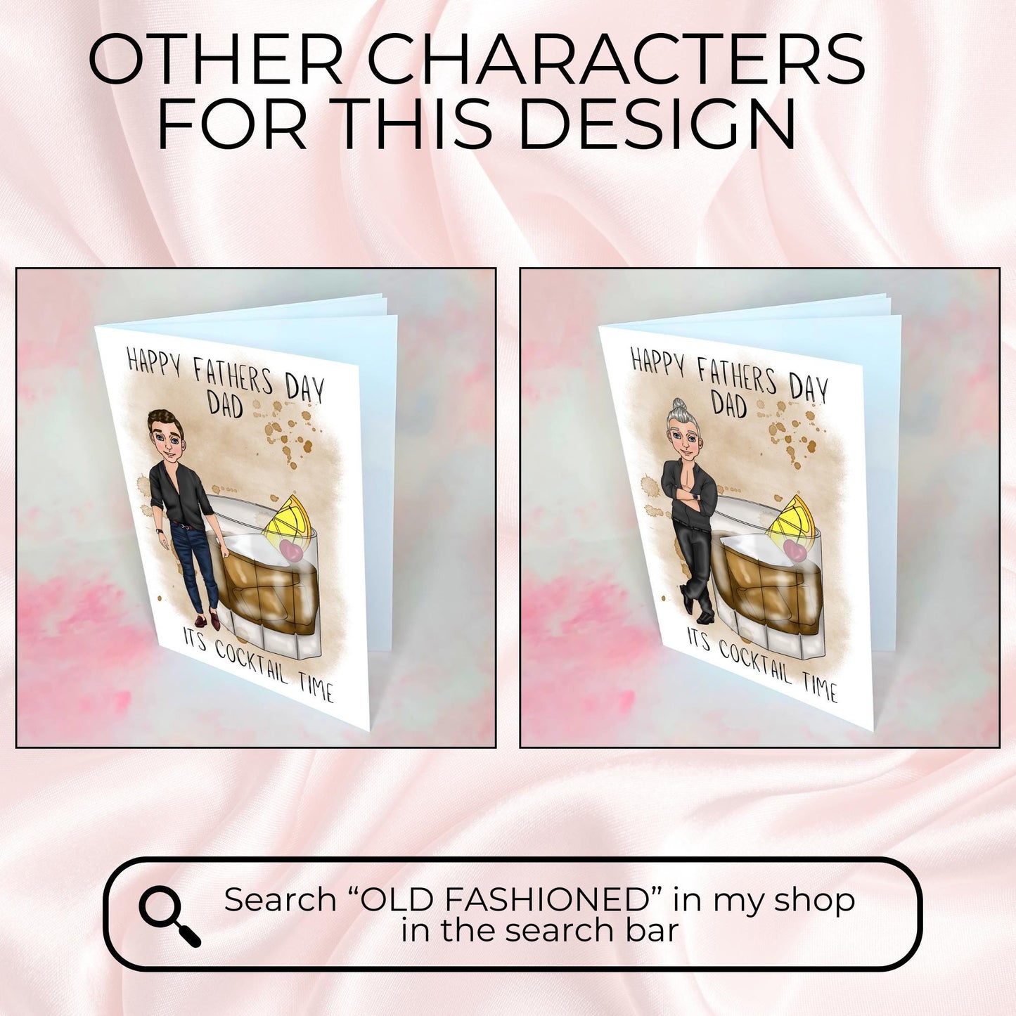 Old Fashioned Cocktail Theme A5 Personalised Father's Day Card for Dad or Grandad, Smart Black Tie Character Illustrated Gift for Him #G2