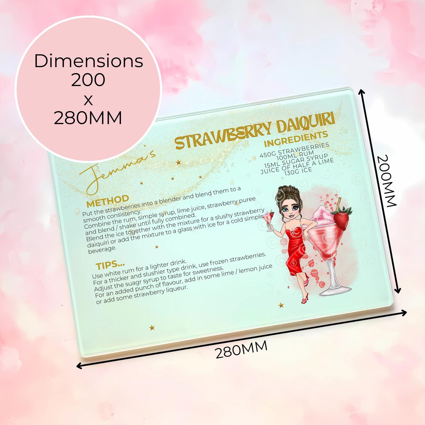 Strawberry Daiquiri A3 A4-Sized Glass Chopping Board, Summer Soiree Custom Housewarming Cocktail Themed Gift For Newly Weds #GB