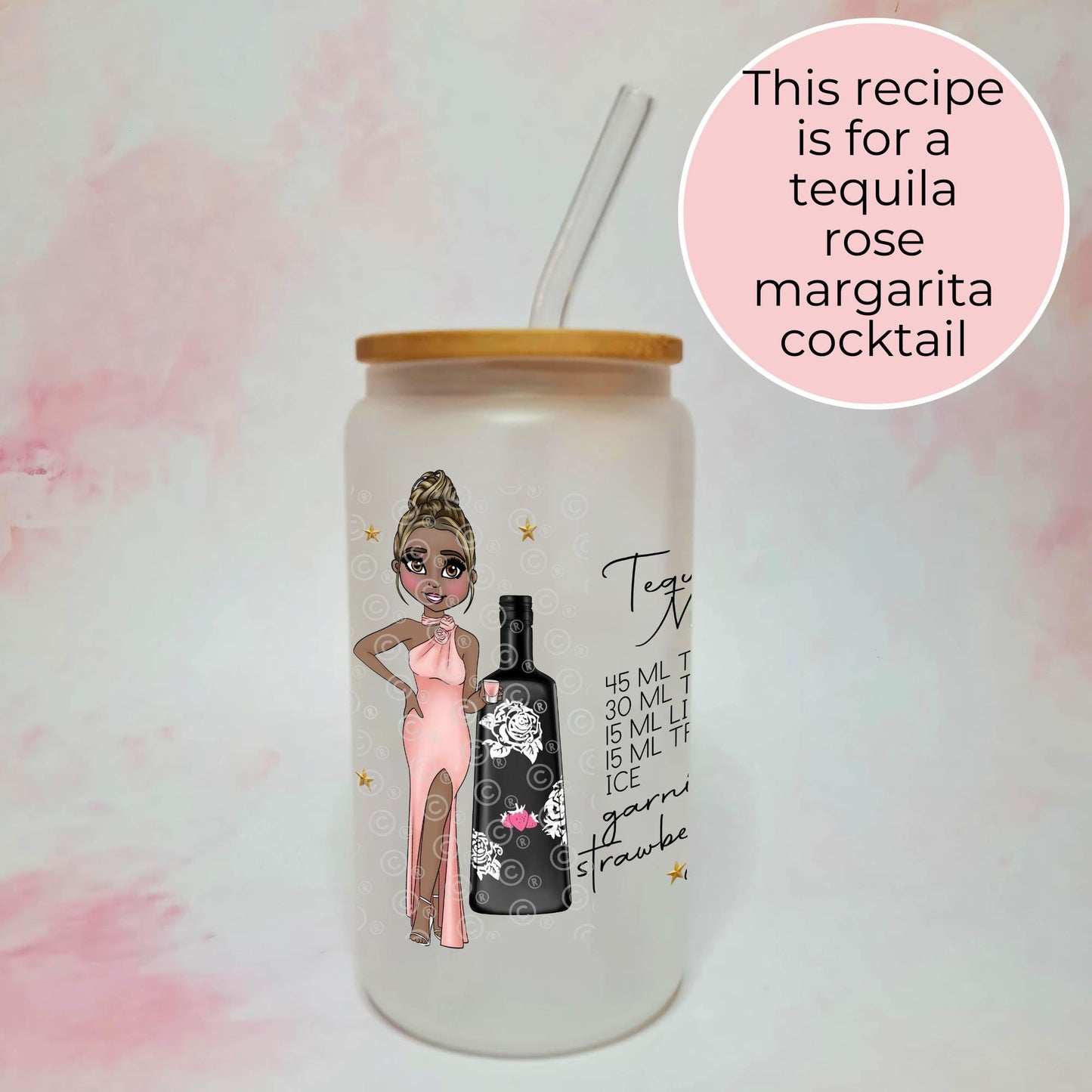 Tequila Rose 16oz Frosted Cocktail Recipe Glass, Cocktail On A Glass, Strawberry Liqueur Themed Tumbler Gift For Her Milestone Birthday #FL