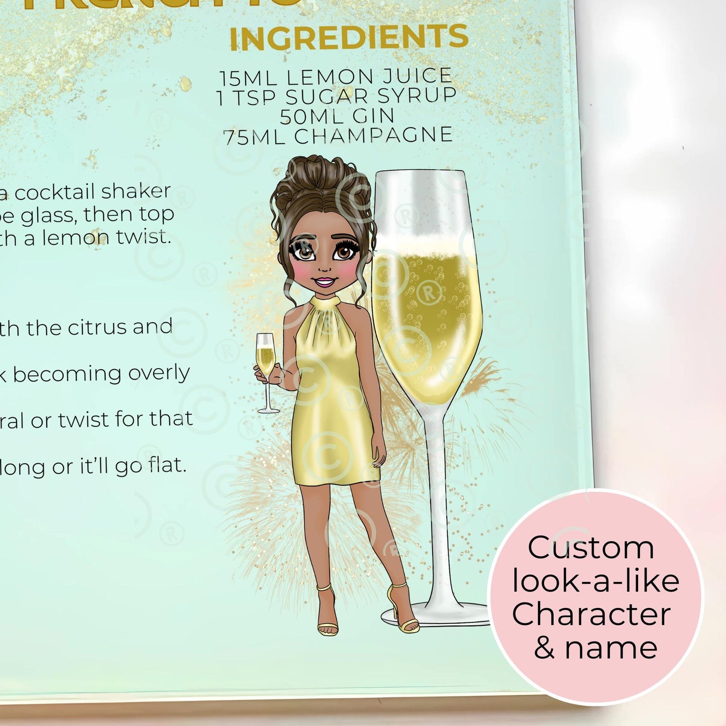 French 75 Custom Personalised A3 A4 Glass Chopping Board, Champagne Cocktail Recipe Method And Tips, Custom Cocktail Character Themed Cutting Board #GB