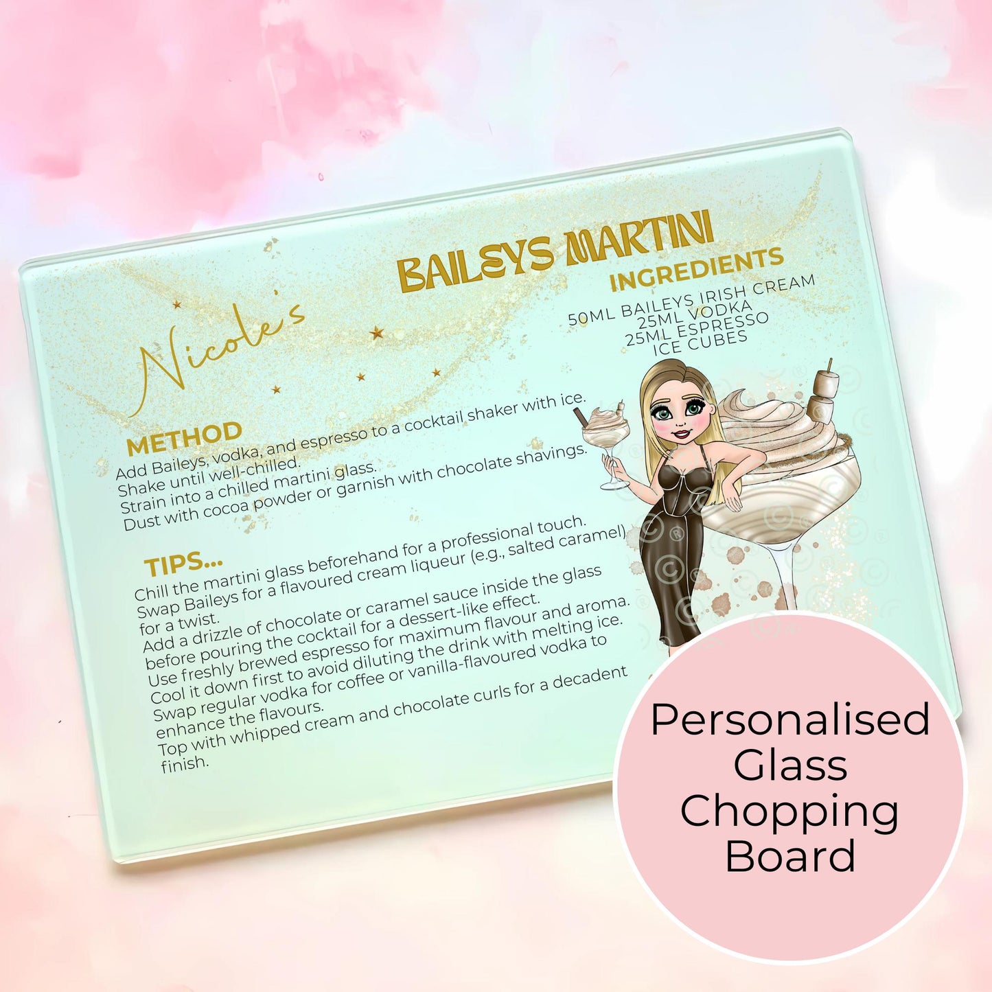 Baileys Martini Cocktail A3 A4 Glass Chopping Board, Personalised Christmas Gift With Custom Character Recipe Gift for Her Festive Cocktail Kitchen Décor #CG #GB